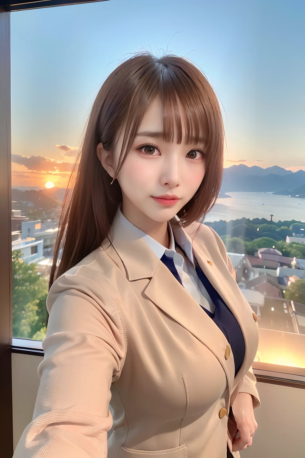 (realistic, photo-realistic:1.37), (masterpiece), (best quality:1.4), (ultra high res:1.2),(RAW photo:1.2), (sharp focus:1.3), (face focus:1.2), elegant, (full body:1.2), (1 girl wearing detailed pencil-skirt and suit-jacket:1.3), (office lady), professionattire, high heels, (33yo:1.1), (happy smile:1.3), (shine hair:1.3), [ponytail], BREAK,
(huge breast), scenery, (Beautiful Sunset background:1.2), from behind, backshot, bangs, beautiful detailed eyes, looking at viewer, (cute), (no makeup)