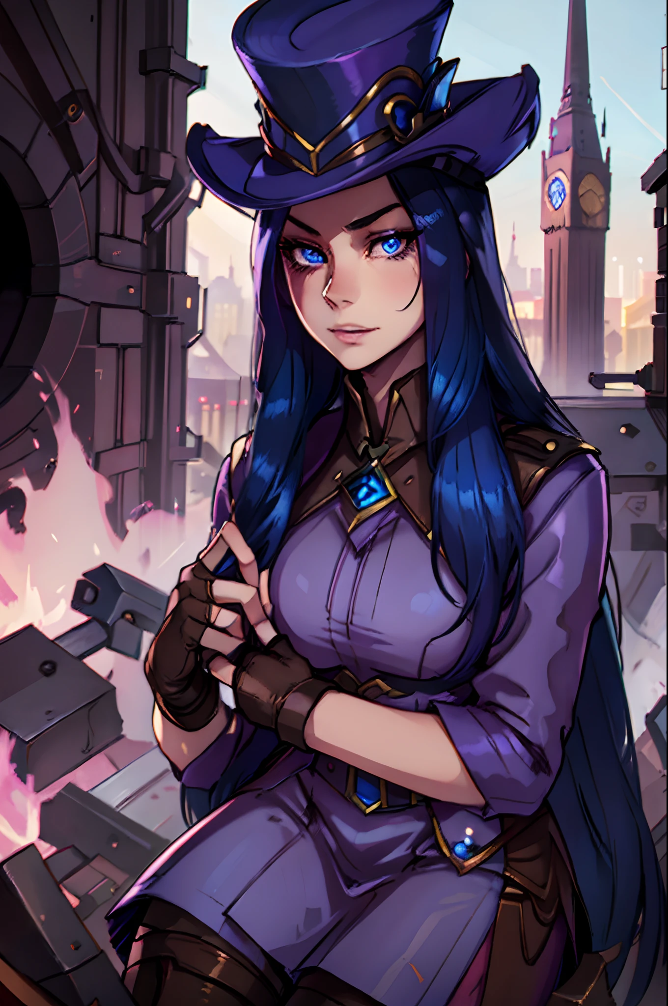 1 solo girl, master piece, best quality, face portrait of caitlynlol, 1girl, solo, blue eyes, blue hair, long hair, purple top hat, purple dress, brown knee boots, brown gloves, (detailed face), city background, detailed face