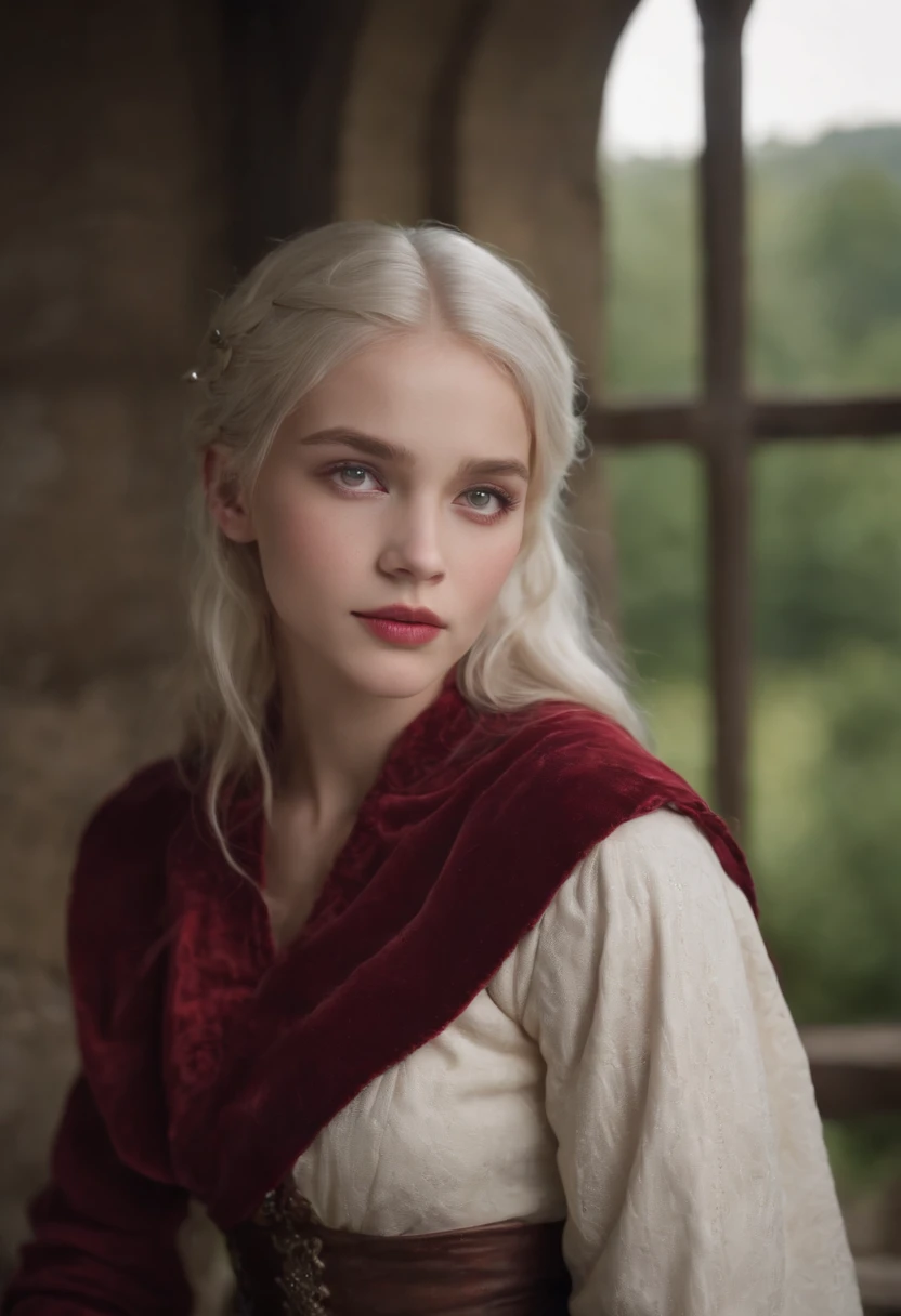 A little girl sitting on the big cock, (((a deep reddish wound crosses her left cheek))) fair complexion, woman around 19 years old, natural white hair, distinctive green eyes, wearing kohl, slender and graceful, beautiful, candlelight in a medieval setting, ultra sharp focus, realistic shot, medieval female clothes, tetradic colors (scar:1.4)