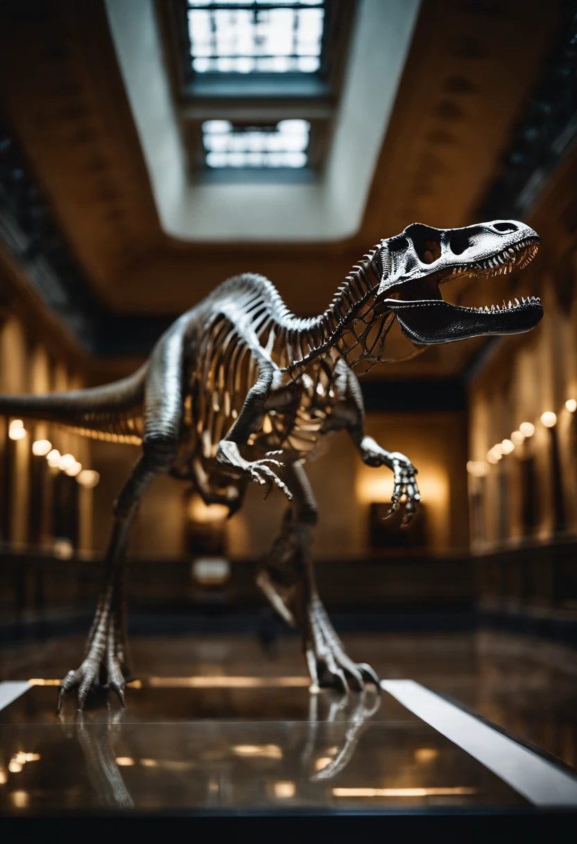 A photograph of a real sized Tyranossaurus Rex scheleton at a museum, glassy, iridescent, translucent