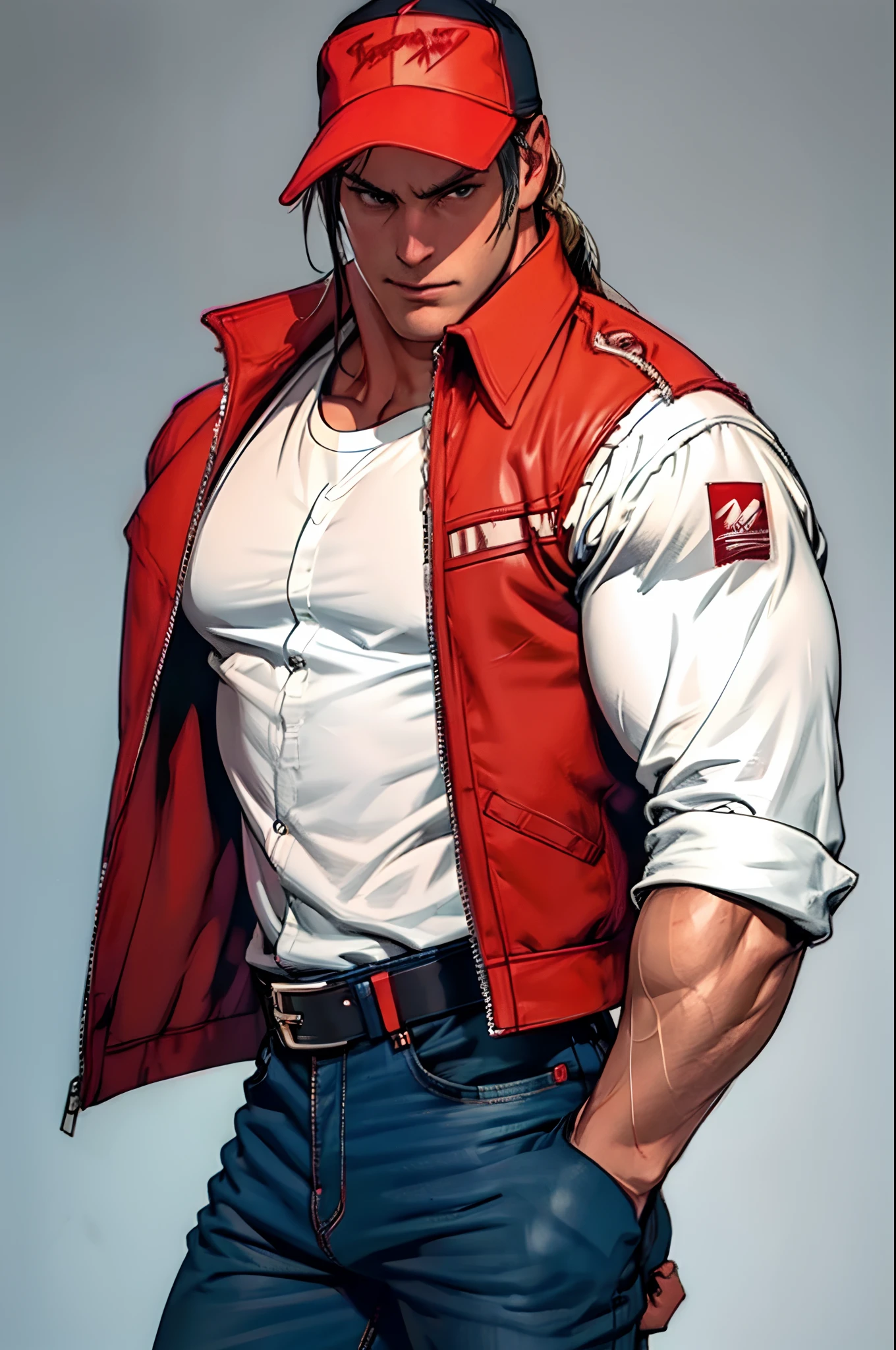 masterpiece, best quality, ultra -detailed, finely detail, Terry bogard, sexy pose, serious look, white shirt, red vest, black belt, dark blue jeans, half body