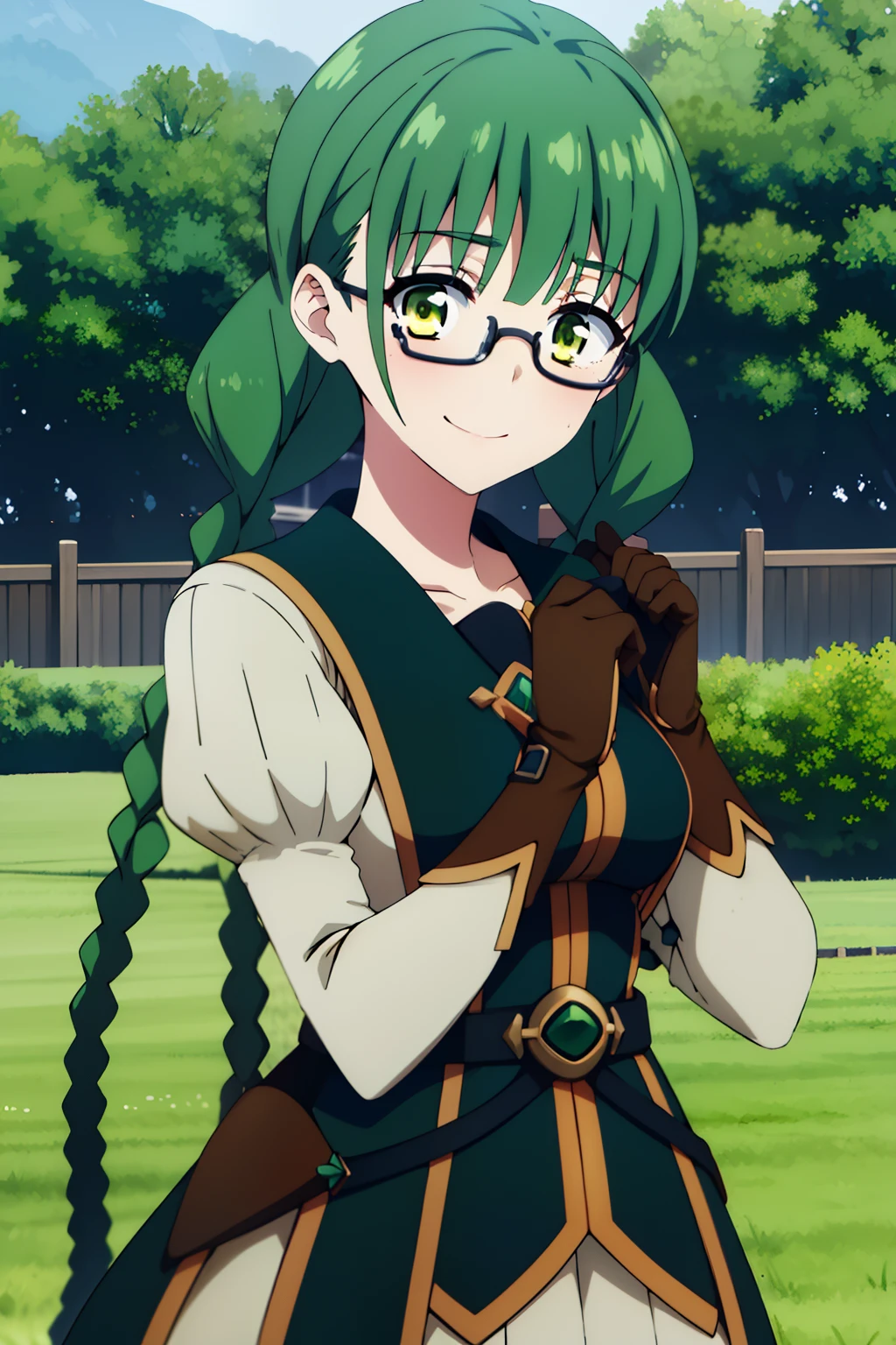 rishia 1girl, solo, green hair, green eyes, twin braids, gloves, medium breasts, beautiful face, smile, (masterpiece:1.2), best quality, absurdres, highres, extremely detailed wallpaper, perfect lighting, outdoors, grass, field, looking at viewer, (adjusting eyewear:1.2), multicolor outfit,