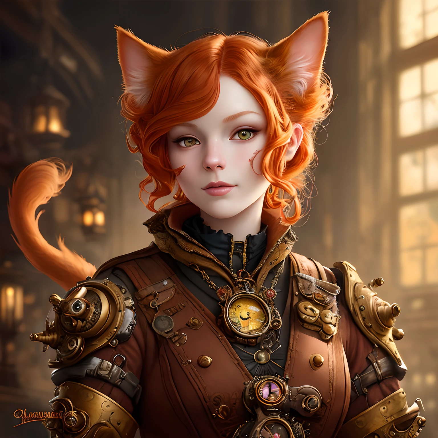 whimsical detailed steampunk ginger cat, bold colors, contrast, intricate fantasy extremely hyperdetailed, studio photography, backlight, oil painting, octane render, hyperrealistic, 8K, Hasselblad, ornately detailed, pretty face, photorealistic, octane render, Artgerm, WLOP, tom bagshaw, magali villenueve