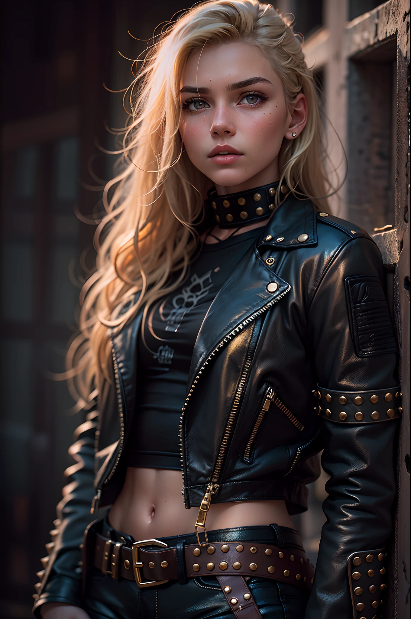 Portrait of a blonde girl. 20 years old, photograph, wearing steel collar, wearing leather shorts, wearing a black leather jacket, wearing boots, studded belt, highly detailed face, depth of field, moody light, golden hour, style by Dan Winters, Russell James, Steve McCurry, centered, extremely detailed, Nikon D850, award winning photography