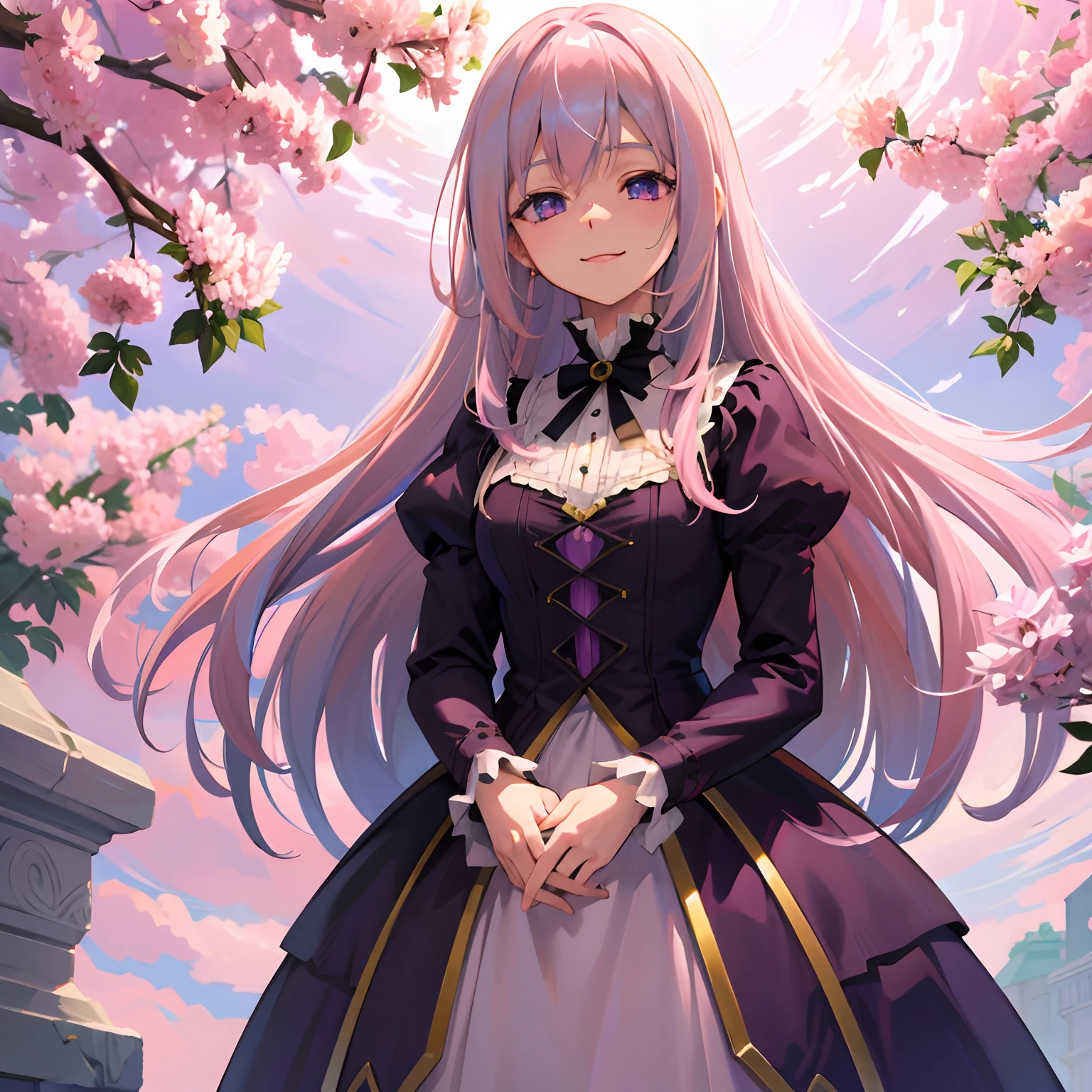 Pink hair，long purple hair，purple eyes，black and white Lolita dress, extremely pretty anime girl, upper body, dandelions background,  smiling and happy, cute, best quality, soft and pretty lips,