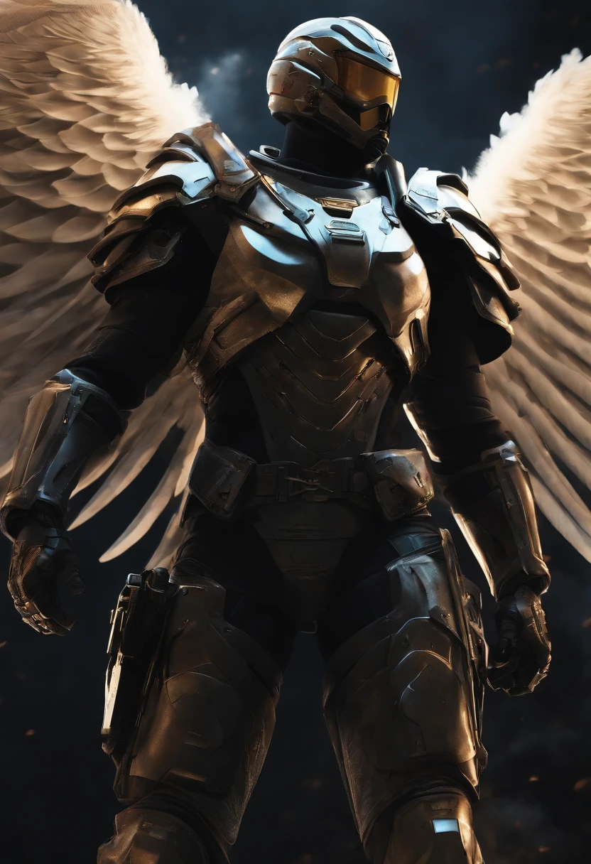 Wide-angle, whole-length, A (A beautiful Valkyrie) In his arms was a sleeping male soldier in a modern combat suit, Fly to Valhalla, After (Glorious battle, Epic), Incredible, in awe, Beautiful, Highly detailed, Carefully drawn facial features, Highest quality, Divine, The prism is similar in color, Dynamic composition, Delicate, Cinematic lighting, exalted, Striking scenes, sharp and crisp image, Ultra photo realsisim, (Petals in the air)