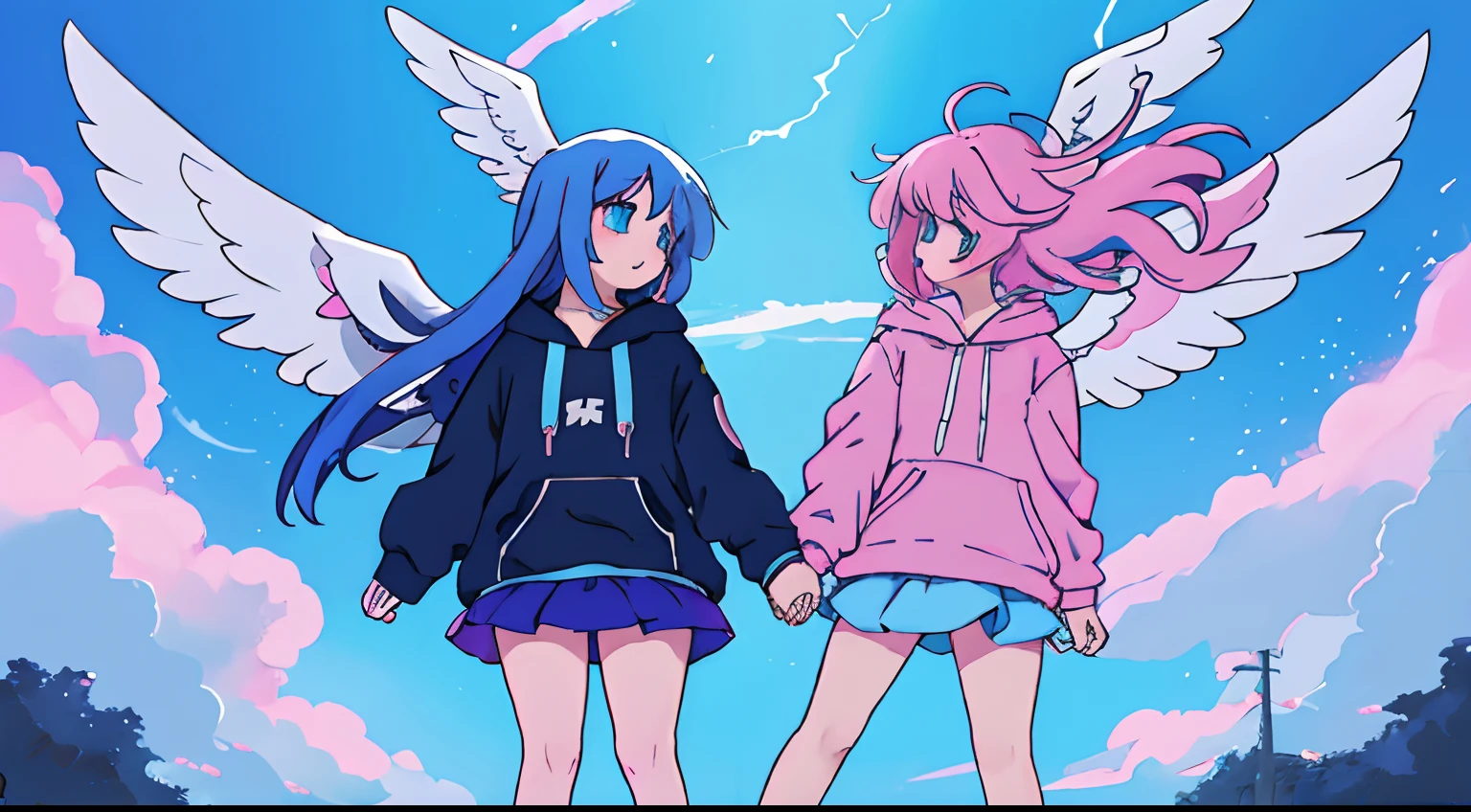 anime girl with short pink hair blue eyes pink hoodie blue skirt black legwear white shoes hairclip, angel wings, sky, angel dreamy with a anime girl with long blue hair, blue hoodie, wings, black skirt holding hands