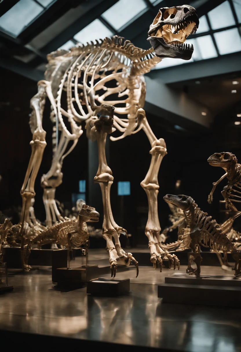 A photograph of a real sized glassy iridescent translucent Tyranossaurus Rex skeleton at a museum with people standing next to it. The skeleton appears to be made of glass.