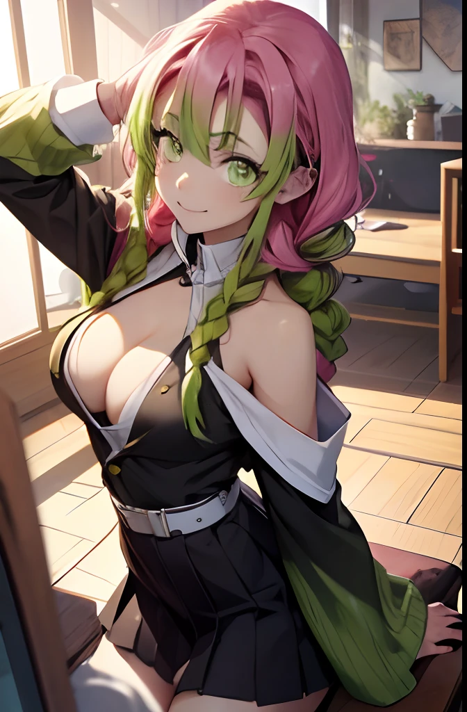 Mitsurikan Log, mitsuri kanroji, braid, Gradient Hair, (Green eyes:1.5), Green hair, Long hair, Mole, Mole under the eyes, multicolored hair, Pink hair, Twin braids, Two-tone hair, Brake belt, Black skirt, cleavage, coat, demon slayer uniform, haori, Komono, Long sleeves, Miniskirt, partially unbuttoned, Pleated skirt, Skirt, uniform, BREAK looking at viewer, Break indoors, BREAK (masutepiece:1.2), Best Quality, High resolution, Unity 8k壁纸, (Illustration:0.8), (Beautiful detailed eyes:1.6), extra detailed face, Perfect Lighting, extremely details CG, (Perfect hands, Perfect Anatomy),colourful hair, The whole body is reflected, (Off-the-shoulder costumes:1.5), ((chest wide open and exposed)), (Smile), Sitting on a chair, legs crossed, Hands behind the head, Showing the side