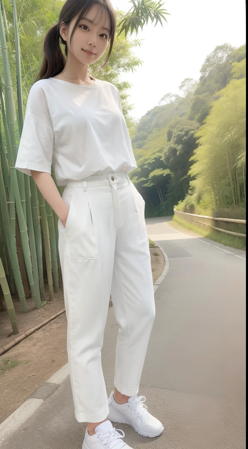 a pregirl，, ssmile, looking at viewert, white  shirt,Loose slacks,athletic sneakers， photore, realisticlying, Best quality at best, employee, 详细的脸,Standing in a bamboo forest, diffuselighting, depth of fields, Background bokeh