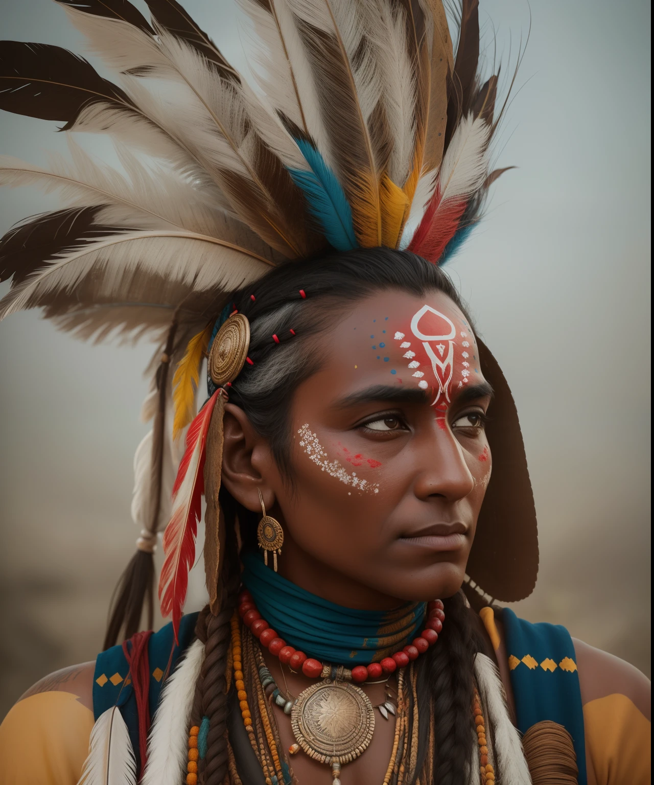 Image of a shaman
Indian shaman, pele bronzeada, Extremely long black hair messes up over bare chests, enorme cocar de penas de papagaio azul de arara, olhos negros brilhantes, Face with indigenous paint in red and blue colors lean and muscular body, corpo inteiro, cabelo preto longo, several necklaces on the neck , with arms crossed, subindo de um rio ((up to, pequeno)), fotografiarrealista, fotografia, obra-prima, realista, Realismo, renderizado, Alto contraste, digital art photographyrealistic trend in Artstation 8k HD high definition detailed realistic, detalhado, textura da pele, hiper detalhado, textura de pele realista, armadura, melhor qualidade, ultra high-resolution, (fotografiarrealista: 1.4), alta resolução, detalhado, Calado bruto, sharp re, por lee jeffries Nikon D850 Filme Fotografia de Stock 4 Kodak Portra 400 Lente F1.6 Rich Colors Realistic Texture Dramatic Texture Dramatic Lighting Irrealengine Trend on Artstation Cinestill 800