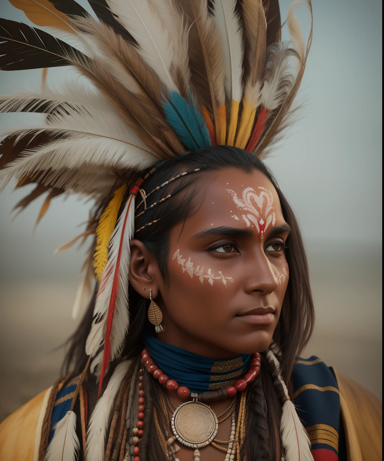 Image of a shaman 

Indian shaman, pele bronzeada, Extremely long black hair messes up over bare chests, enorme cocar de penas de papagaio azul de arara,  olhos negros brilhantes, Face with indigenous paint in red and blue colors lean and muscular body, corpo inteiro, cabelo preto longo, several necklaces on the neck , with arms crossed, subindo de um rio ((up to, pequeno)), fotografiarrealista, fotografia, obra-prima, realista, Realismo, renderizado, Alto contraste, digital art photographyrealistic trend in Artstation 8k HD high definition detailed realistic,  detalhado, textura da pele, hiper detalhado, textura de pele realista, armadura, melhor qualidade, ultra high-resolution, (fotografiarrealista: 1.4), alta resolução, detalhado, Calado bruto, sharp re, por lee jeffries Nikon D850 Filme Fotografia de Stock 4 Kodak Portra 400 Lente F1.6 Rich Colors Realistic Texture Dramatic Texture Dramatic Lighting Irrealengine Trend on Artstation Cinestill 800