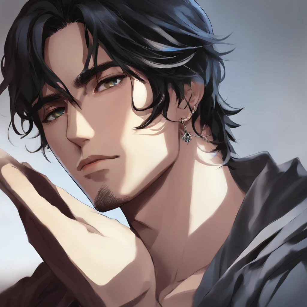 head and shoulders, manga, black hair , young man, god