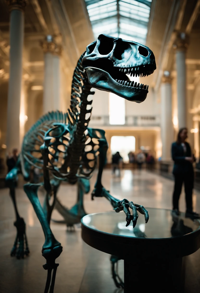 Imagine a skeleton made of glass. Now create a photograph of a real sized glassy Tyranossaurus Rex skeleton at a museum with people standing next to its base.