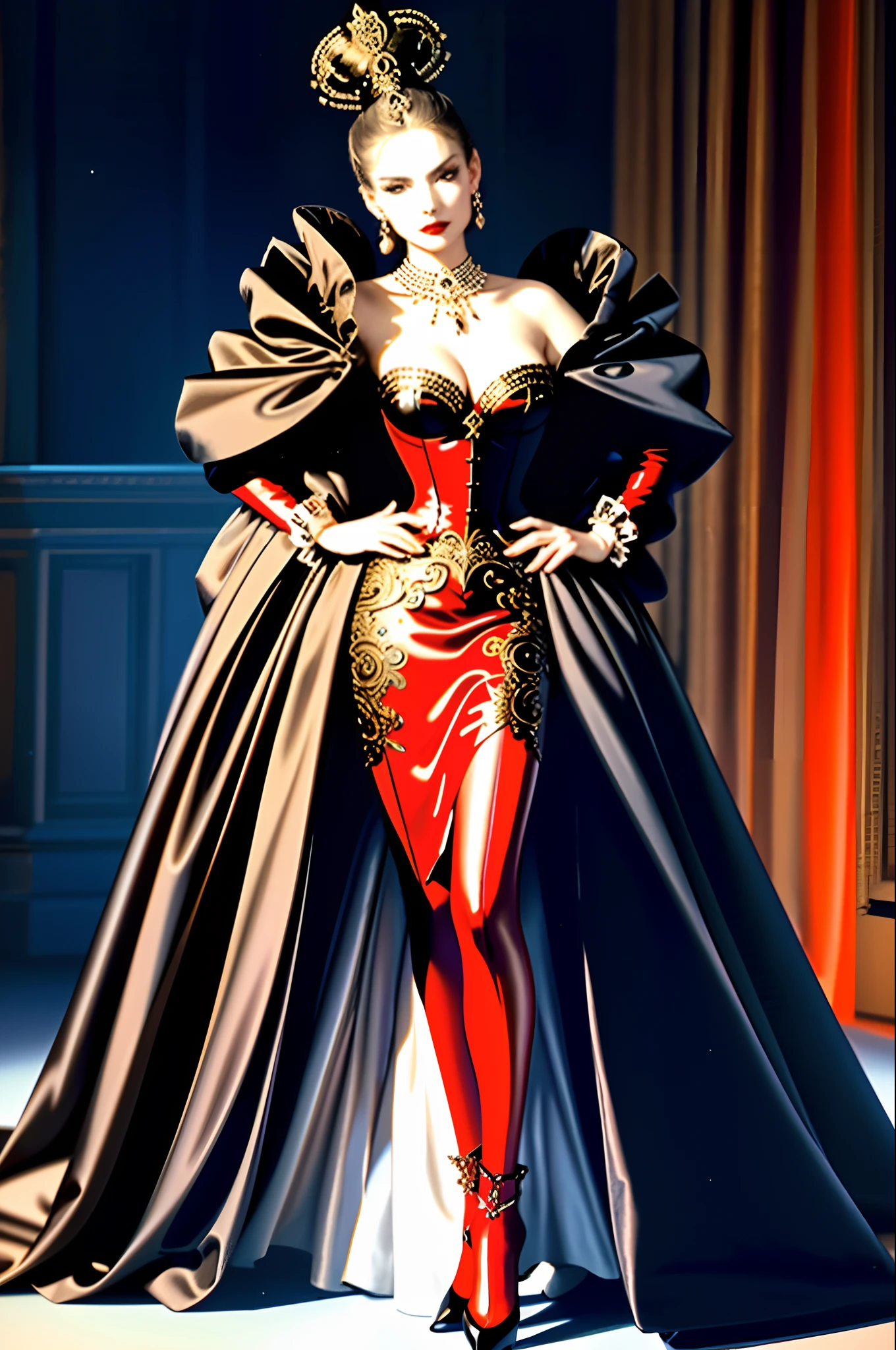 ((Masterpiece, Best quality,Edge quality)),face expressionless,Slim body,High percentage,(Baroque style,red colour,Court dress dress,Dignified and noble,Full body photo of leaky girl standing,Photos of the catwalk from head to toe,High heels,CLASSICSTYLE,edgTM, a woman on the ((Court evening dress)) Stand on the catwalk ,Wearing edgTM_In fashion style, Baroque style,Rococo dress