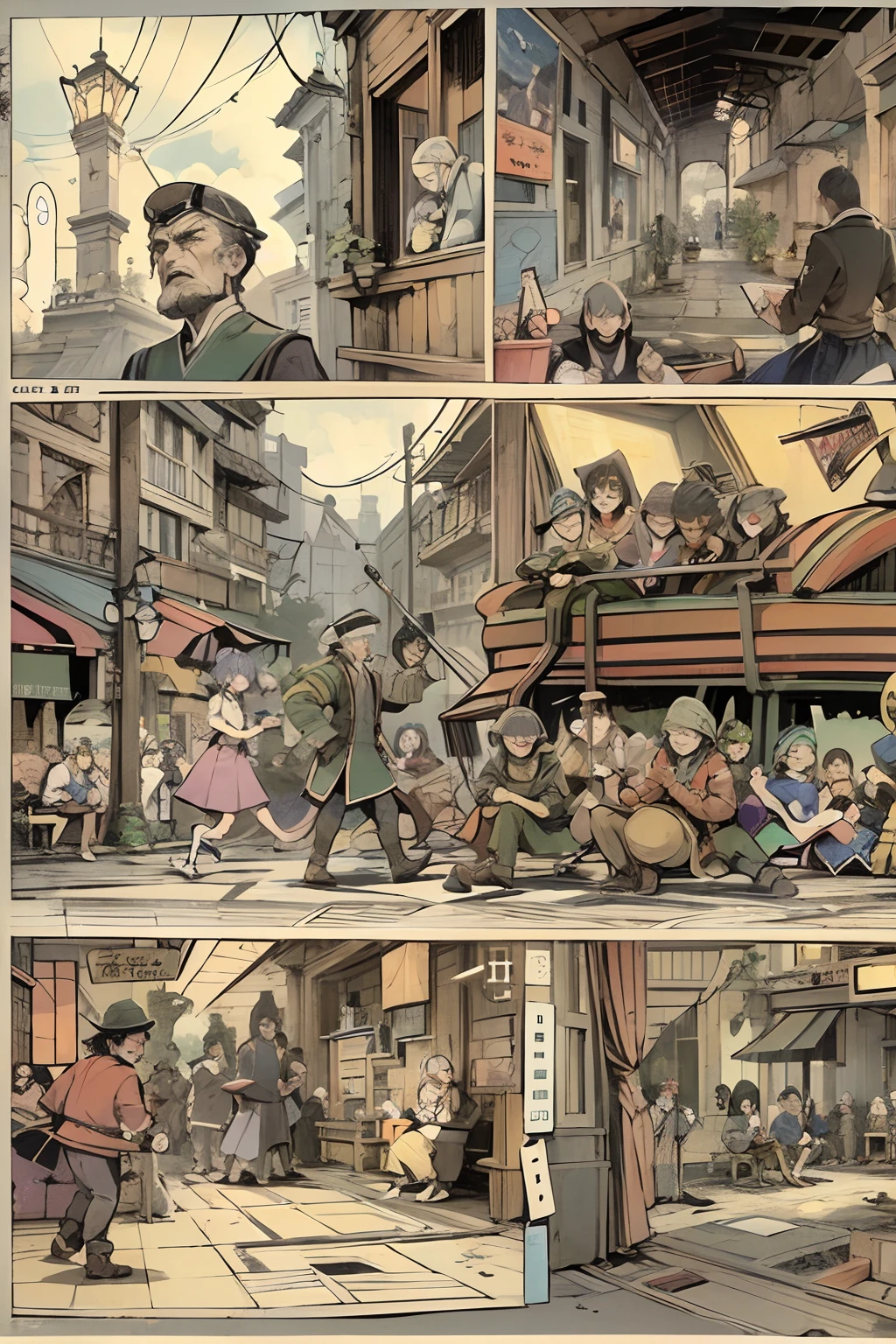 comic strip，Cartoon Split（4 or 5 or 6 tiles），Storyboard，Masterpiece, 。Peace was restored to the town。People cheered for Jack's bravery，He became their hero， Enhanced detail