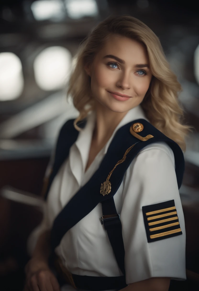 {{masterpiece, best quality, extremely detailed CG, unity 8k wallpaper, cinematic lighting, }}, Sony α7, wide frame, South Pacific, during war with Asian powers, wind blowing on Aegis ship, 1 Girl, Full Body, smile, she is a US Navy sailor, Caucasian, 20 Years Old, Smile, Blonde Hair, Short Bob, blue eyes , long eyelashes ,