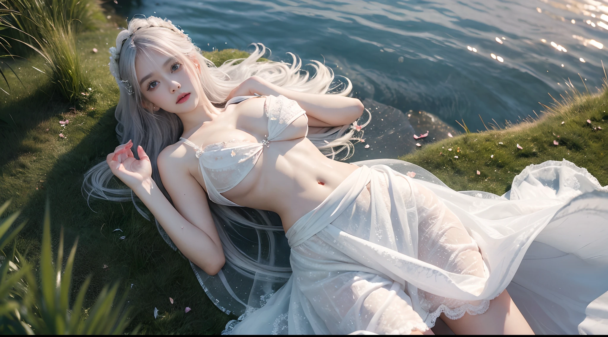 Best quality, Super fine illustration, Beautiful and delicate water, The finest grass. ((Beautiful eyes)), Very delicate light, perfect and delicate limbs, Nature, Painting, water spray, Fine luminescence, very fine 8KCG wallpaper, lavender eyes, Pink pupils, Whole body, White hair, Bright eyes, ((An extremely delicate and beautiful girl)), ((1 girl)), Medium bust, Dynamic Angle, (white dresses，Golden decoration), (long hair flowing with the wind, beautiful hair ornaments, delicate wet dress, breeze, long bangs between eyes), wrinkled skirt, (staring blankly, adorable big eyes), Messy_Hair, payot, Lateral braid, (Tulle lace white skirt) Flowers and grass meadow, near the water edge, ((Sunset, starry sky in a circle), randomly distributed clouds, (((River))), Splashing water, Falling petals.((Busty:1.5,Cut the navel and bare the waist,hand on hips,Bare thighs)),((Burst breasts:1.5)),movie level lighting.