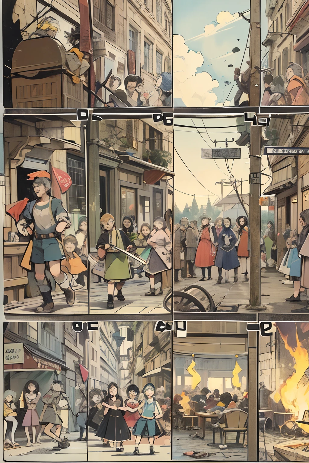 comic strip,Cartoon Split(4 or 5 or 6 tiles),Storyboard,Masterpiece, 。Peace was restored to the town。People cheered for Jack's bravery,He became their hero, Enhanced detail