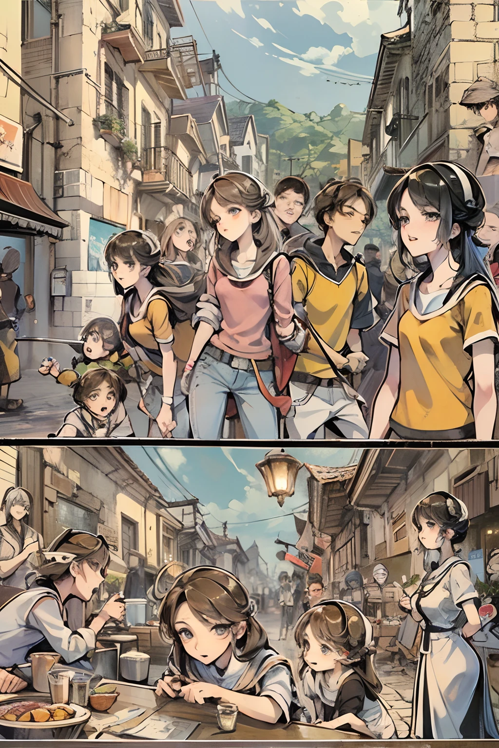 comic strip,Cartoon Split(4 or 5 or 6 tiles),Storyboard,Masterpiece, 。Peace returned to the town。Close-up of the teenagers, Enhanced detail