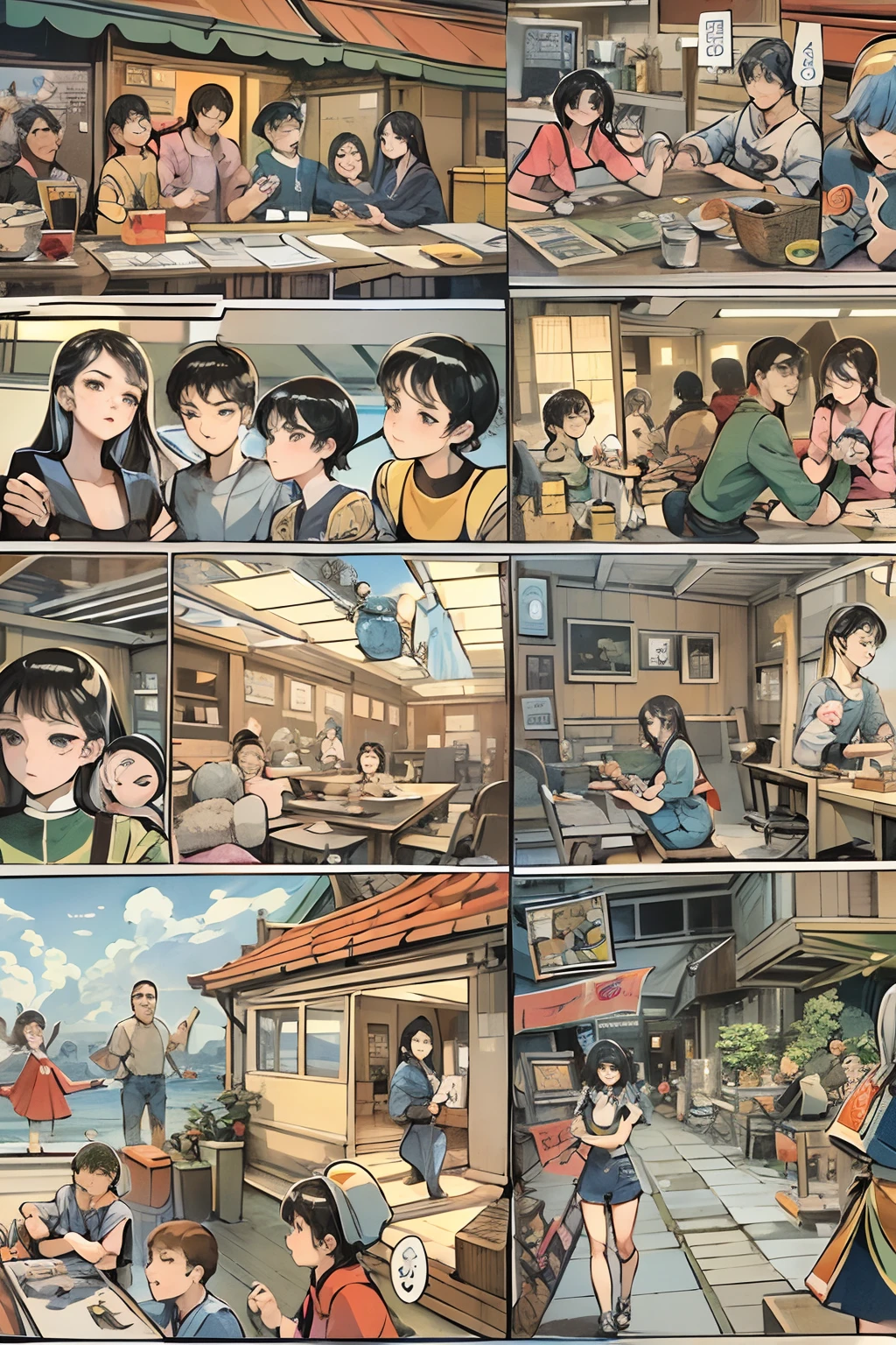 comic strip，Cartoon Split（4 or 5 or 6 tiles），Storyboard，Masterpiece, 。Peace returned to the town。Close-up of the teenagers， Enhanced detail