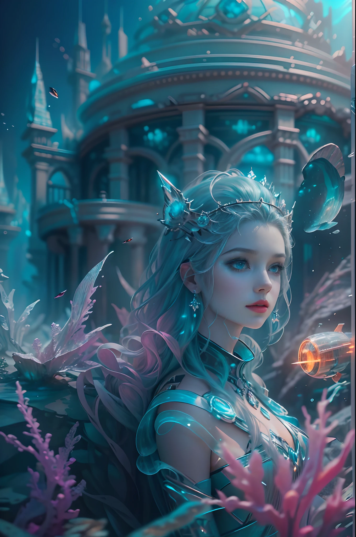 ModelShoot style, (Extremely detailed Cg Unity 8K wallpaper),Beautiful deep sea landscape,Translucent Queen of the Sea,The crown of the futuristic queen,Futuristic underwater translucent ice palace close-up,Colorful tropical fish, Beautiful coral reef in the background,Undersea Kingdom,Igloo,Ice Sculpture Palace,Ice cube room,The palace of the Ice Queen,Art germ, Broken glass, ((bubbly underwater scenery)) ,Radiant light octane rendering is highly detailed,photography of:Brandon Woelfelmist,Surreal dreams,Surrealist art fantasy style,Epic digital fantasy art style,lute,hdr,Beautiful sci-fi art, Science-fi digital art illustration, Digital cyberpunk art, science fiction digital painting, futuristic digital painting, futuristic concept art, Sci-fi deep-sea cyberpunk, Cyberpunk Atlantis in front of the landscape, science fiction digital art, Advanced digital cyberpunk art, dreamy cyberpunk girl