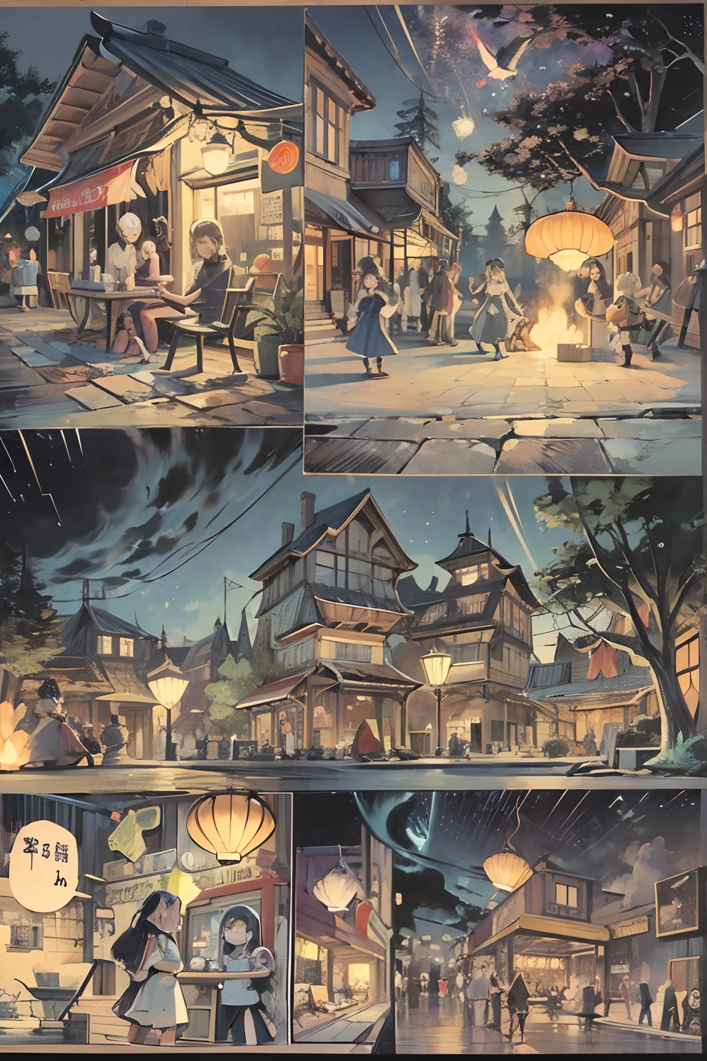 comic strip，Cartoon Split（4 or 5 or 6 tiles），Storyboard，Masterpiece, 。Peace returned to the town。People cheered for Jack's bravery，the night，Beautiful and gorgeous fireworks， Enhanced detail