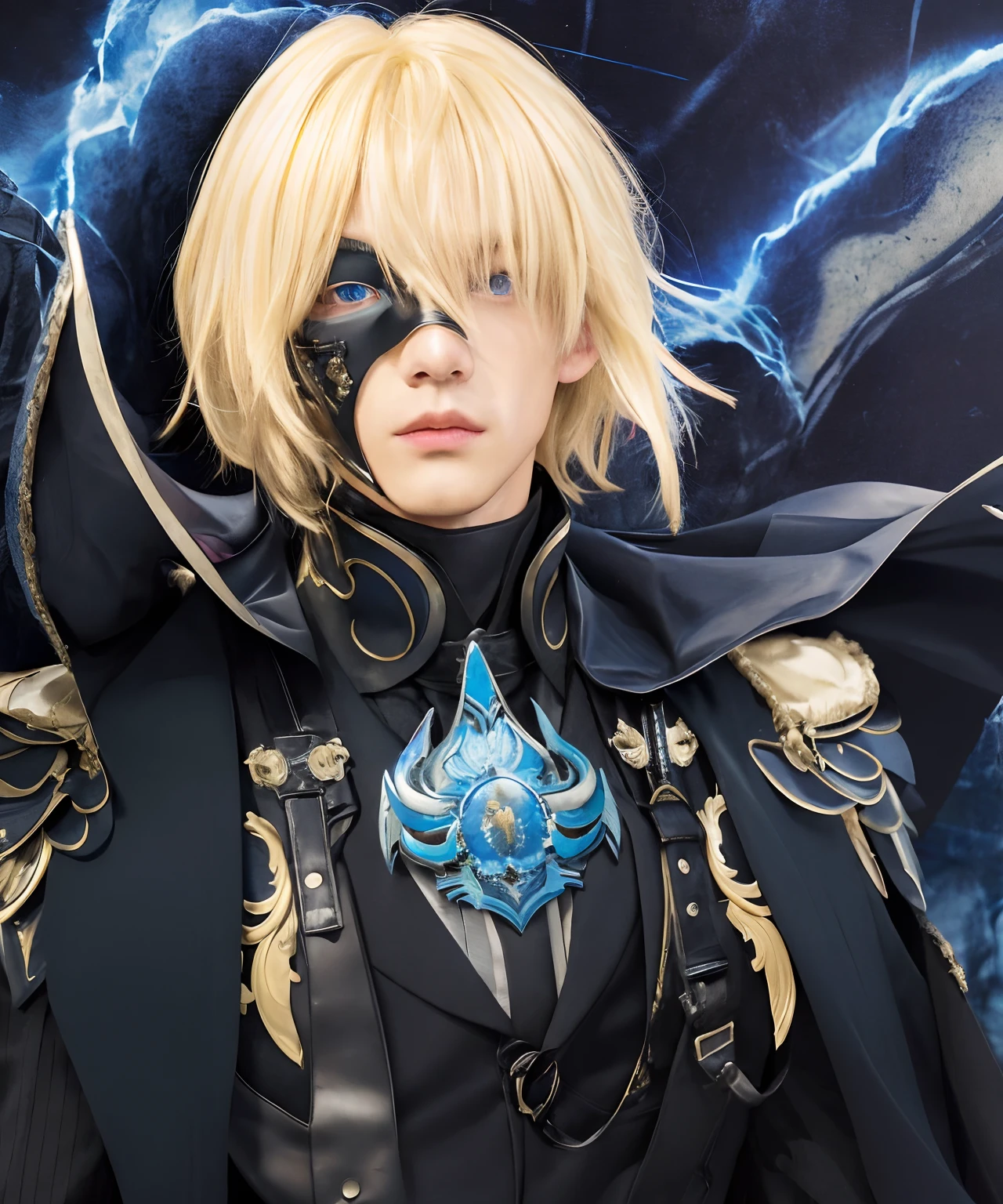 masterpiece, best quality,dainsleif\(genshin impact\), 1boy, male focus, solo, blonde hair, blue eyes, mask, gloves, hair between eyes, looking at viewer, cape, closed mouth, black gloves, bangs, high collar, realistic.