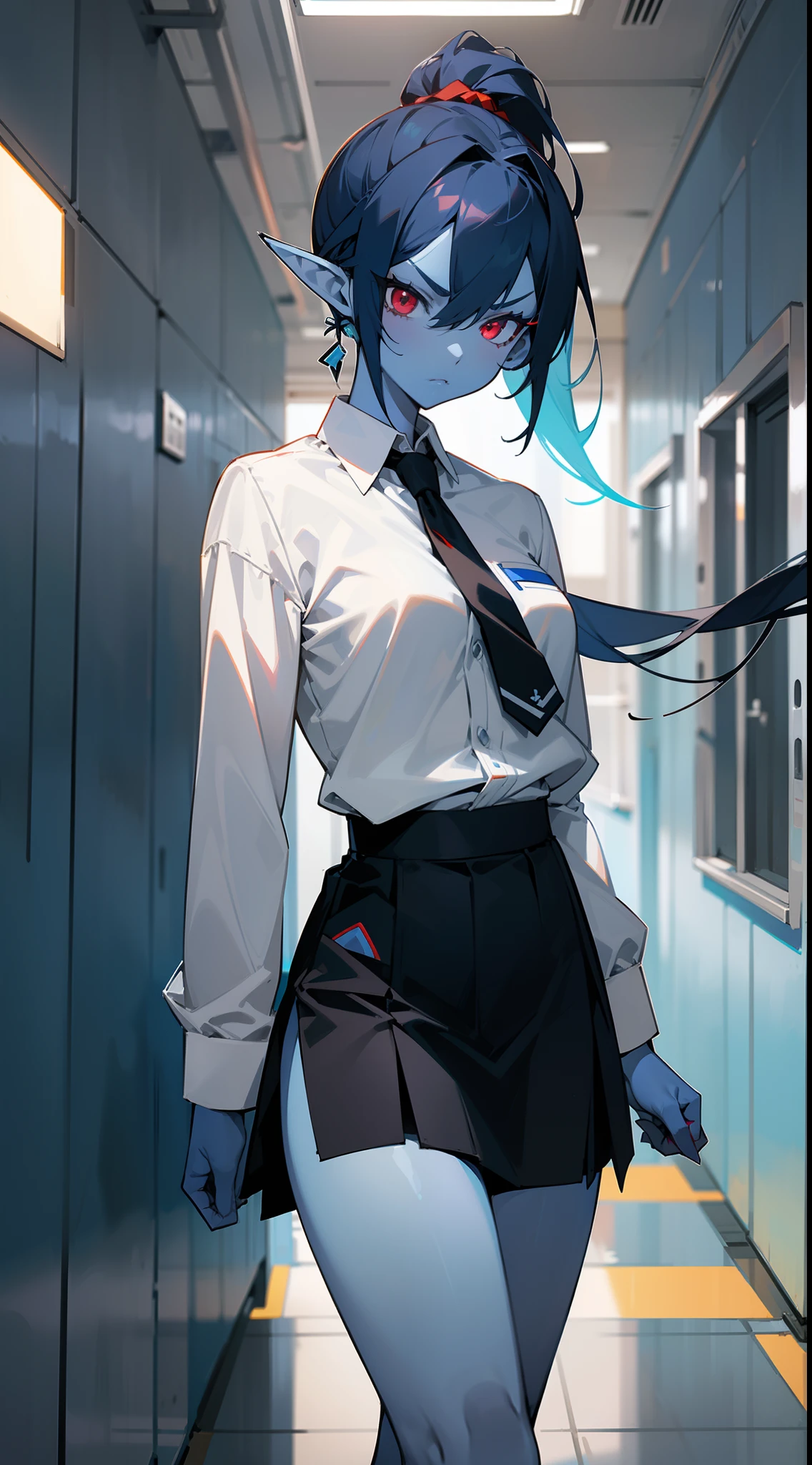 1girl,(colored skin, blue skin:1.2),mature female,solo,serious face,white shirt,black skirt,black tie,dark blue hair,long ponytail hair,pointy ears,red eyes,standing in a school hallway,cowboy shot,