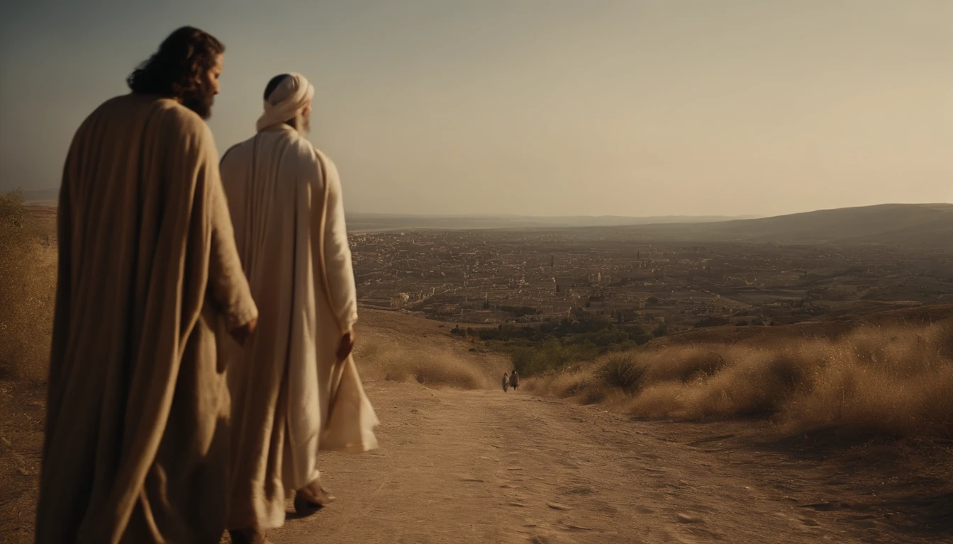 Two disciples of Jesus walking together towards the city , In front of him was the city of Canan in the great reign of Melchizedek. Biblical characters,