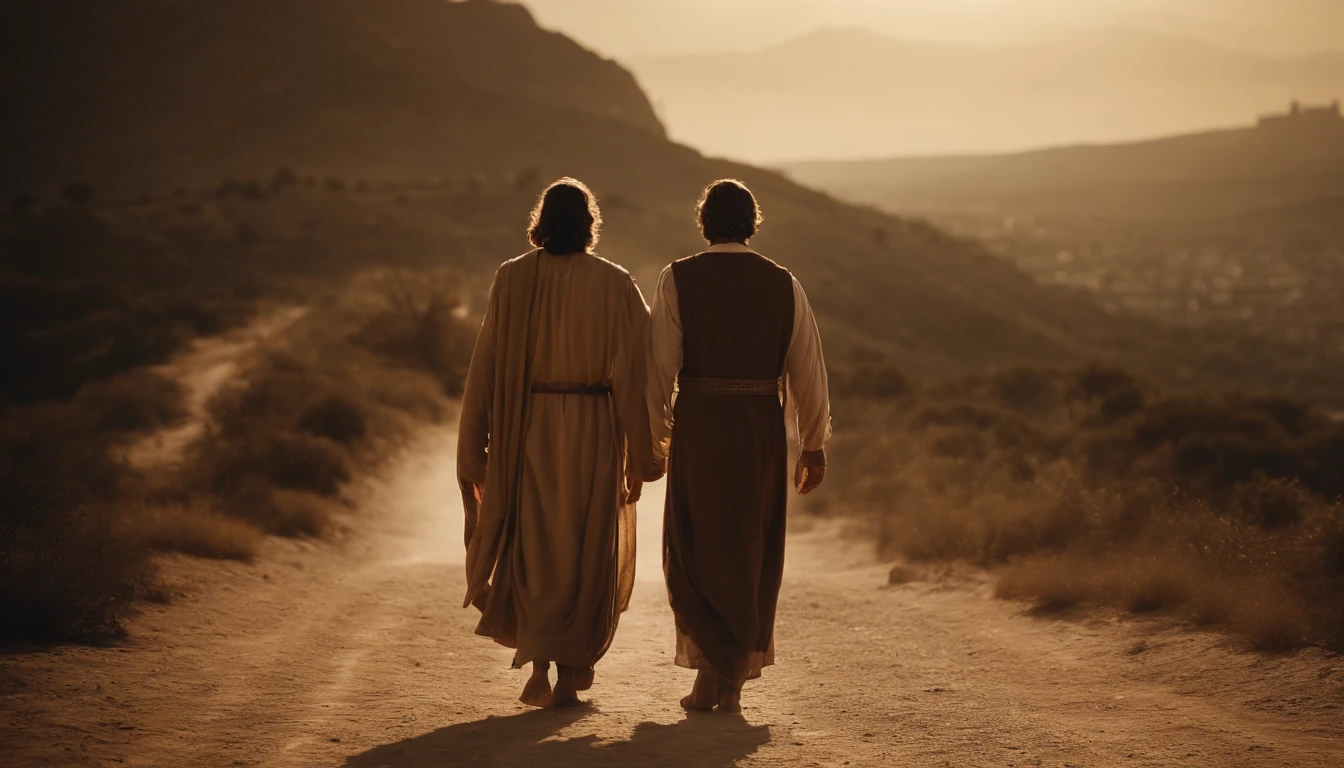 Two disciples of Jesus walking together towards the city , In front of him was the city of Canan in the great reign of Melchizedek. Biblical characters,