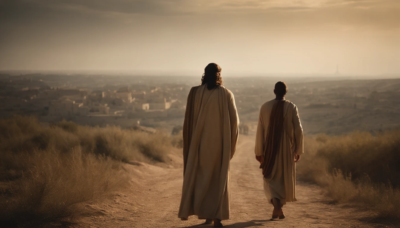 Two disciples of Jesus walking together towards the city , In front of him was the city of Canan in the great reign of Melchizedek. Biblical characters,