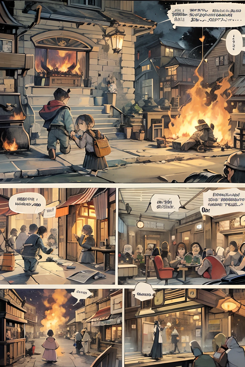 comic strip,Cartoon Split(4 or 5 or 6 tiles),Storyboard,Masterpiece, 。Peace returned to the town。People cheered for Jack's bravery,the night,fire works, Enhanced detail