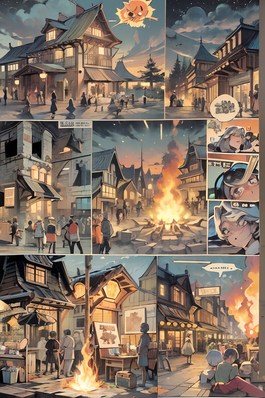 comic strip,Cartoon Split(4 or 5 or 6 tiles),Storyboard,Masterpiece, 。Peace returned to the town。People cheered for Jack's bravery,the night,fire works, Enhanced detail