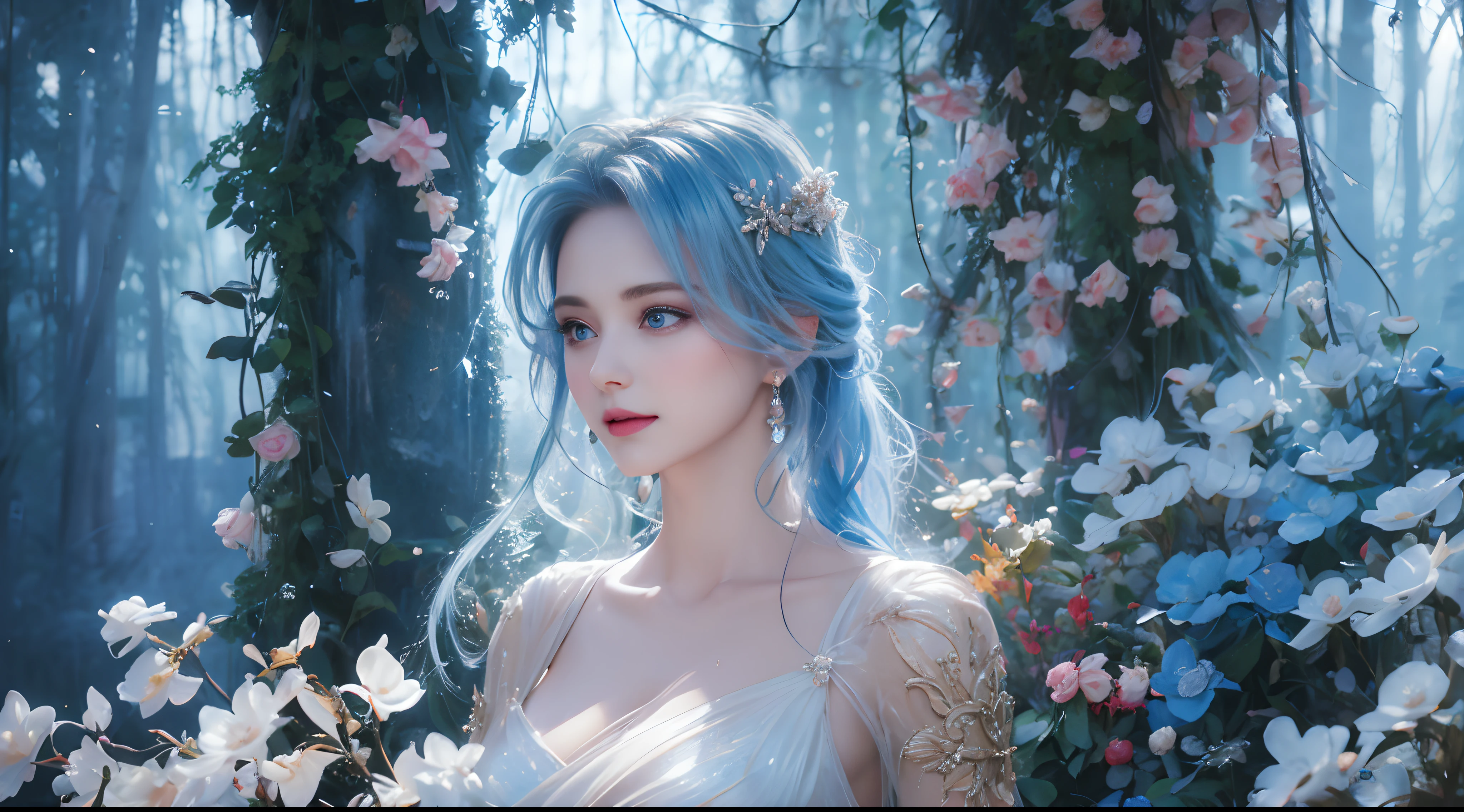 Realistic, full body portrait of a young girl, perfect body, perfect professional pose, 20 years old. Musical blue hair, beautiful realistic light blue eyes; beautiful white teeth, happy smile, attractive, make up the world's most beautiful perfect face overall, hand painted meticulously detailed highest image quality 3d 8k, perfect white skin, beautiful look, multicolor liquid acrylic, wet marble body, Michael Garmash, Daniel F Gerhartz, cinematic lighting, waterfall scene, volumetric lighting, clean and smooth art, smooth pulp adventure , ornate patterns, elegant organic frames, surrealism, masterpiece collections, realistic colors, wet gouache. Highest image quality, most detailed 8k.