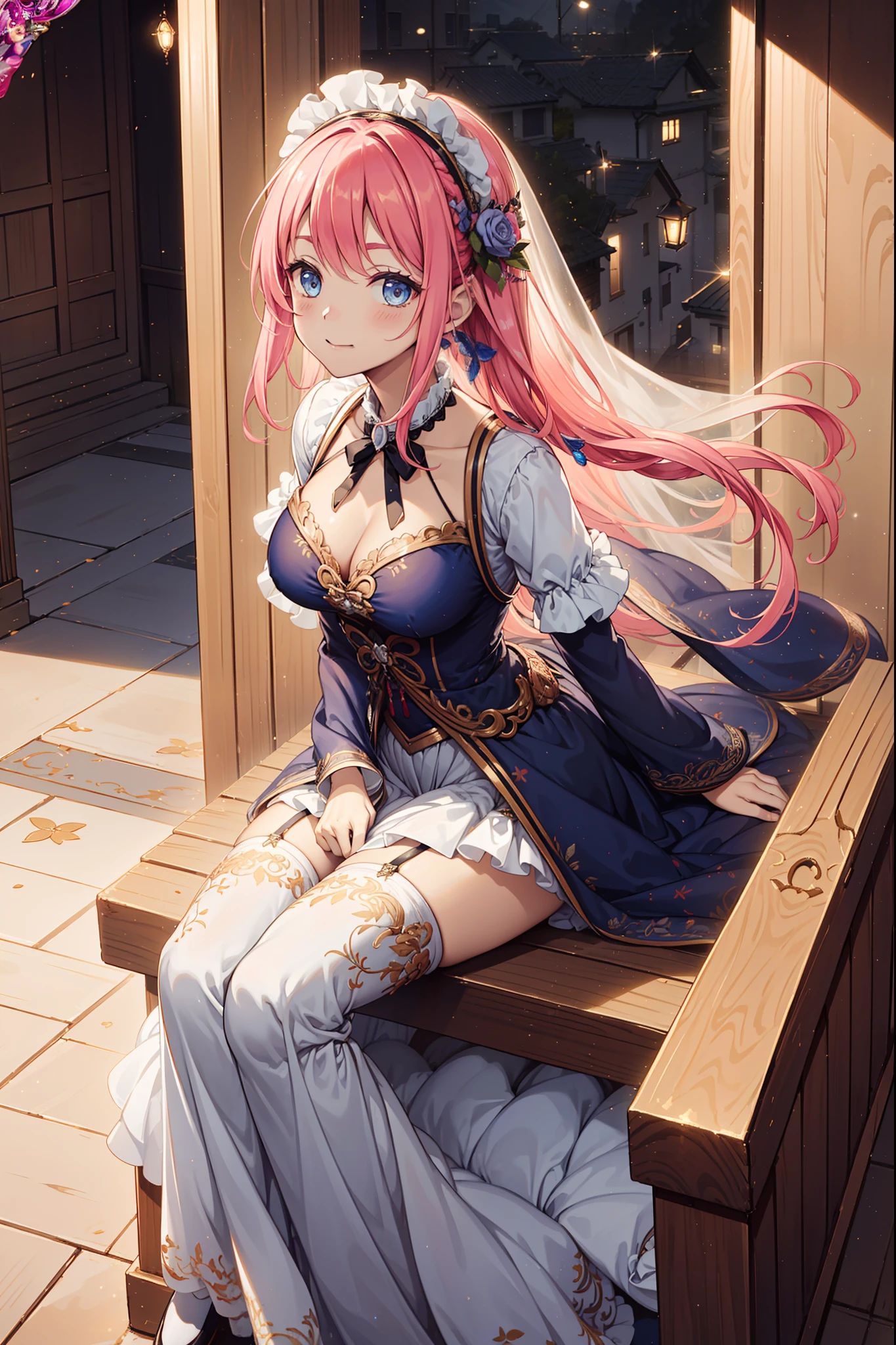 (Best quality, High details,Extremely detailed CG unity),teens girl,Enchanted,Divine happiness,Being in love,(Light Victorian dress:1.2),Pink hair,eBlue eyes,(Fabric headdress),Multiple layers of delicate ruffles,Lots of lace,Multi-colored cloth,Delicate embroidery,Delicate pattern,Fabric headdress,exquisite costumes,see-through transparent clothes,Bedrooms,the night,glittery,(Dazzle:1.3),Movie lighting,the night,solo person,Fluttering skirt,Maid folds