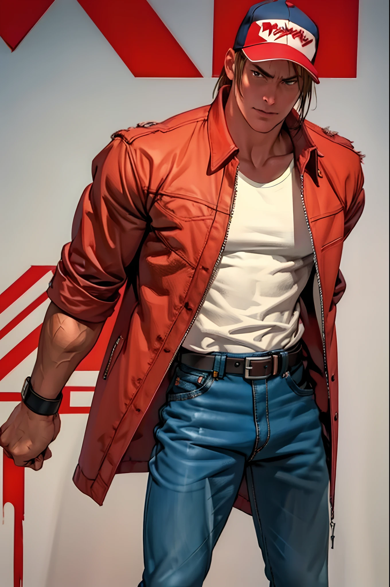 masterpiece, best quality, ultra -detailed, finely detail, Terry bogard, serious look, white shirt, red vest, black belt, dark blue jeans, half body