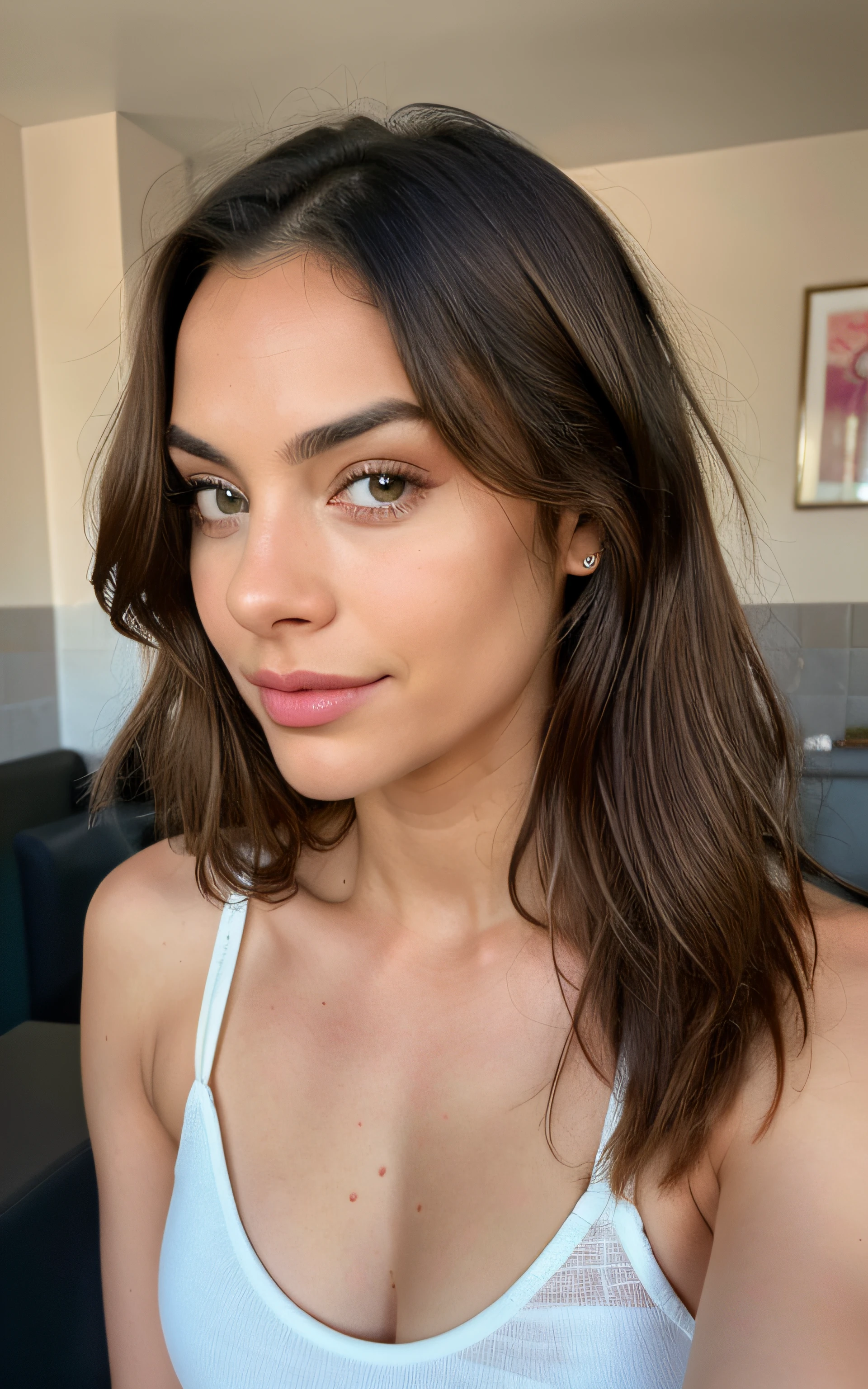 Beautiful brunette with blonde highlights in underwear in the bathroom (in a café drinking soft drinks), muy detallado, 22year old, cara inocente, cabello ondulado natural, ojos azules, High resolution, obra maestra, La mejor calidad, Intrincado alto detalle, Altamente detallado, foco nítido, Piel detallada, textura realista de la piel, textura, ojos detallados, profesional, 4k, sonrisa encantadora, filmado en Canon, 85 mm, poca profundidad de campo, Kodak Vision Color, Cuerpo de ajuste perfecto, extremadamente detallado, Cinematographer_\(ultra\), photoreallistic, Realstic, Postproceso, Maximum details, aspereza, vida real, ultra realista, fotorrealismo, Cinematographer, 8k UHD, Cinematographer