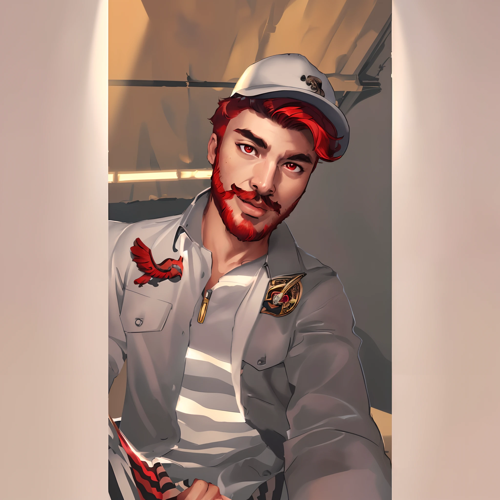 (masterpiece, best quality, ultra-detailed, highres, best illustration),perfect face, ((solo, solo focus)),sidelighting, lustrous skin,(bloom), (shine), ray tracing,animal ears, 1boy, solo, male focus,stubble, facial hair,red eyes , looking at viewer, beard, red hair, mustache, angel wings, lips,cat ears,depth_of_field,very detailed background,extreme light and shadow,(detailed eyes), (beautiful) beautiful detailed eyes, perfect lighting , perfect anatomy,(extremely detailed illustrated 8k wallpaper),(masterpiece), (best quality), (ultra-detailed), (best illustration),(best shadow) , vivid colors,