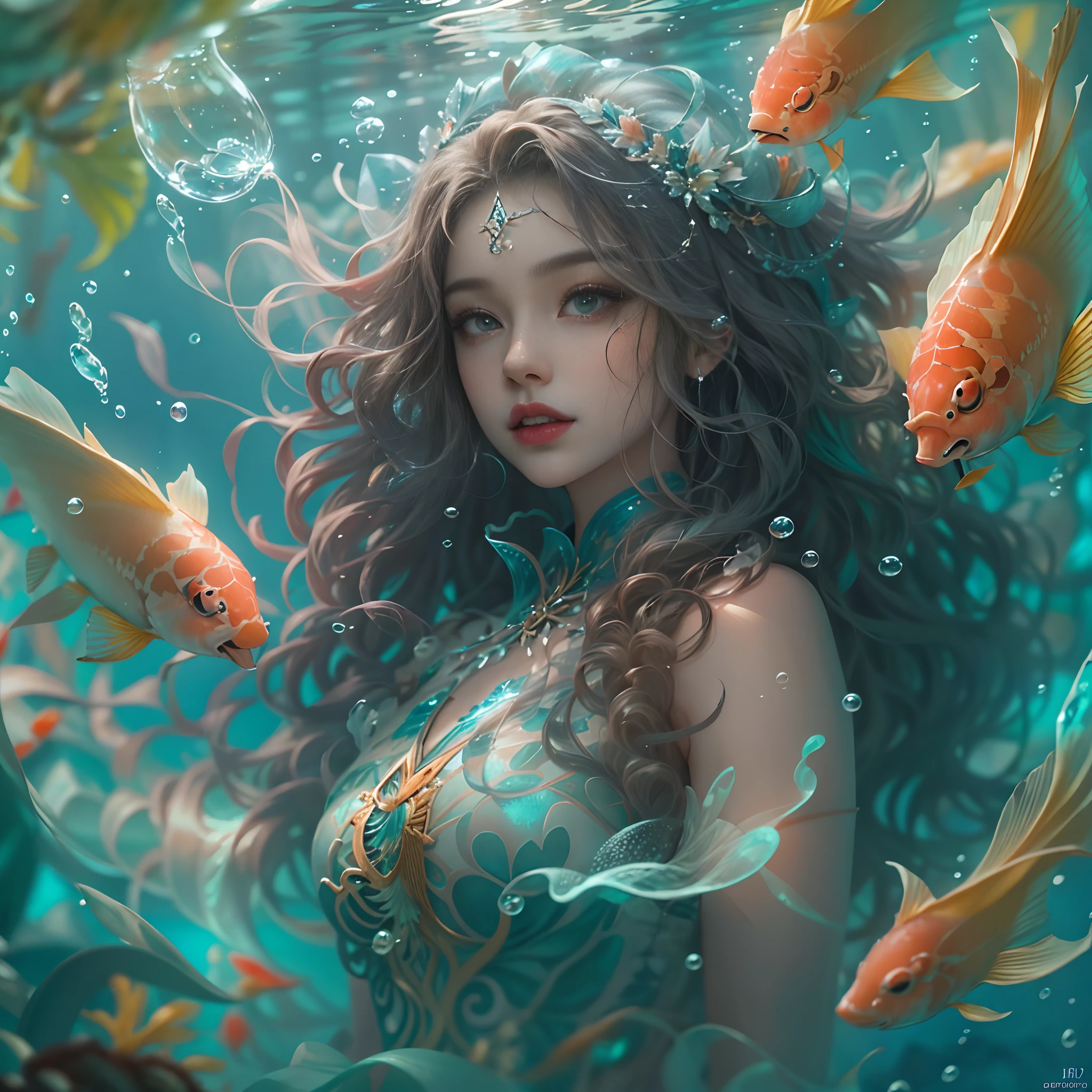 ModelShoot style, (Extremely detailed Cg Unity 8K wallpaper), 1 queen avatar，diadems，curlies，Long hair flowing in the water，Long curly hair fluttering in the water,A chaotic storm of intricate liquid smoke in the head, Stylized beautiful full-length abstract portrait, wetted skin, Beautiful koi，Flocks of koi,carp，Futuristic underwater translucent ice palace close-up,Colorful tropical fish, Beautiful coral reef in the background，Undersea Kingdom，Igloo，Ice Sculpture Palace，Ice cube room，The palace of the Ice Queen，light  leaks，depth of fields，Amazing scenery，author：Petros Afshar, ross tran, tom whalen, Peter Mohrbacher, Art germ, Broken glass, ((bubbly underwater scenery)) Radiant light octane rendering is highly detailed