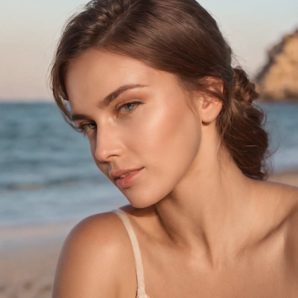 perfecto bronceado, cabello largo y sedoso, arena blanca y suave, aguas cristalinas, cielo despejado, luz del sol brillante, sombras suaves, foco nítido, detalles ultrafinos, colores vivos, estilo retrato, Warm tonality, soft studio lighting. (best quality, 4k, highres, ultra-detailed, photorealistic:1.2), HDR, UHD, fine art photography, beach scene, stunning beauty.
