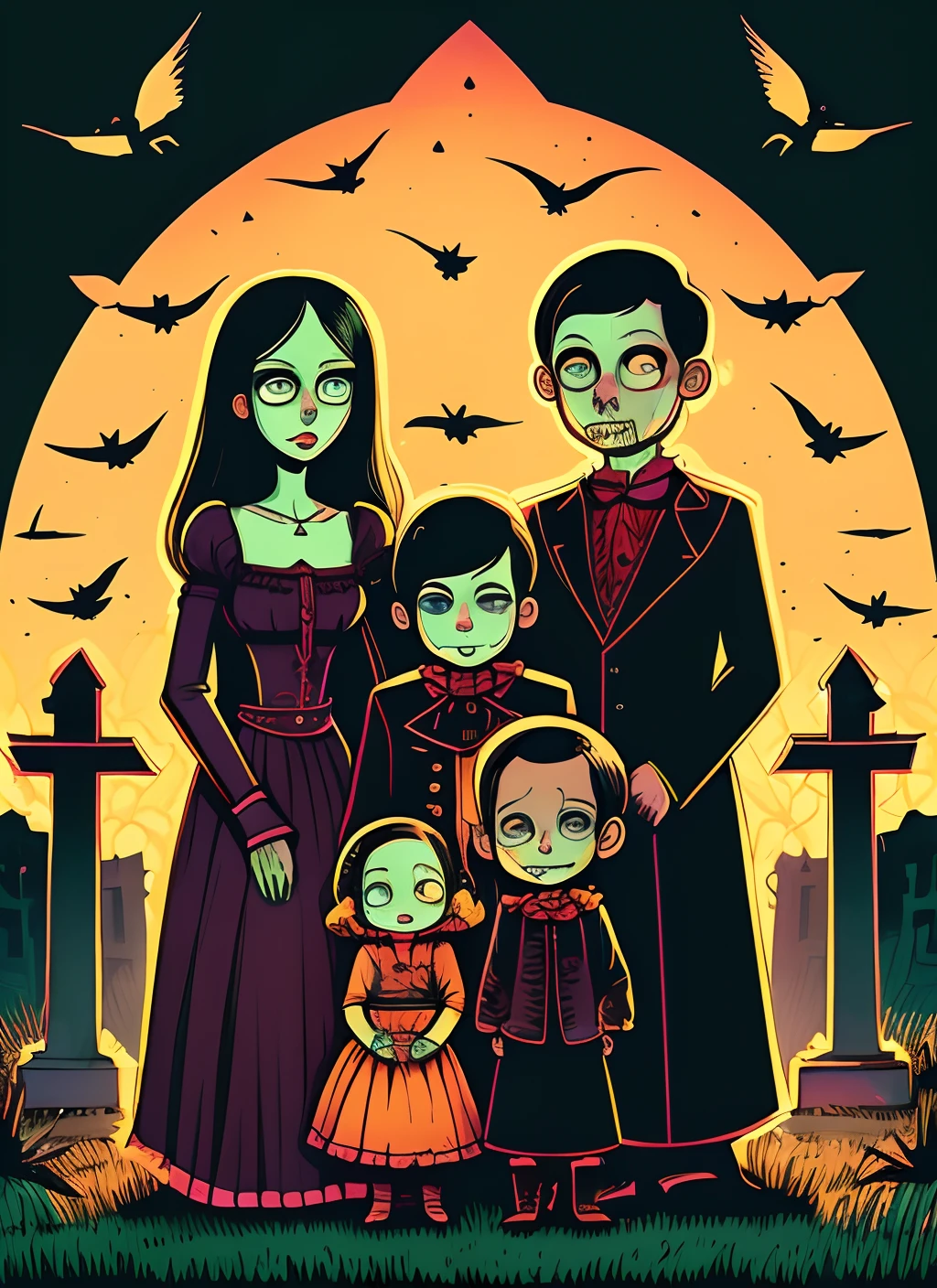 <lora:Leonora Carrington Style:1>Leonora Carrington Style - Punk Dracula the vampire play with a boy with painted by Leonora Carrington.