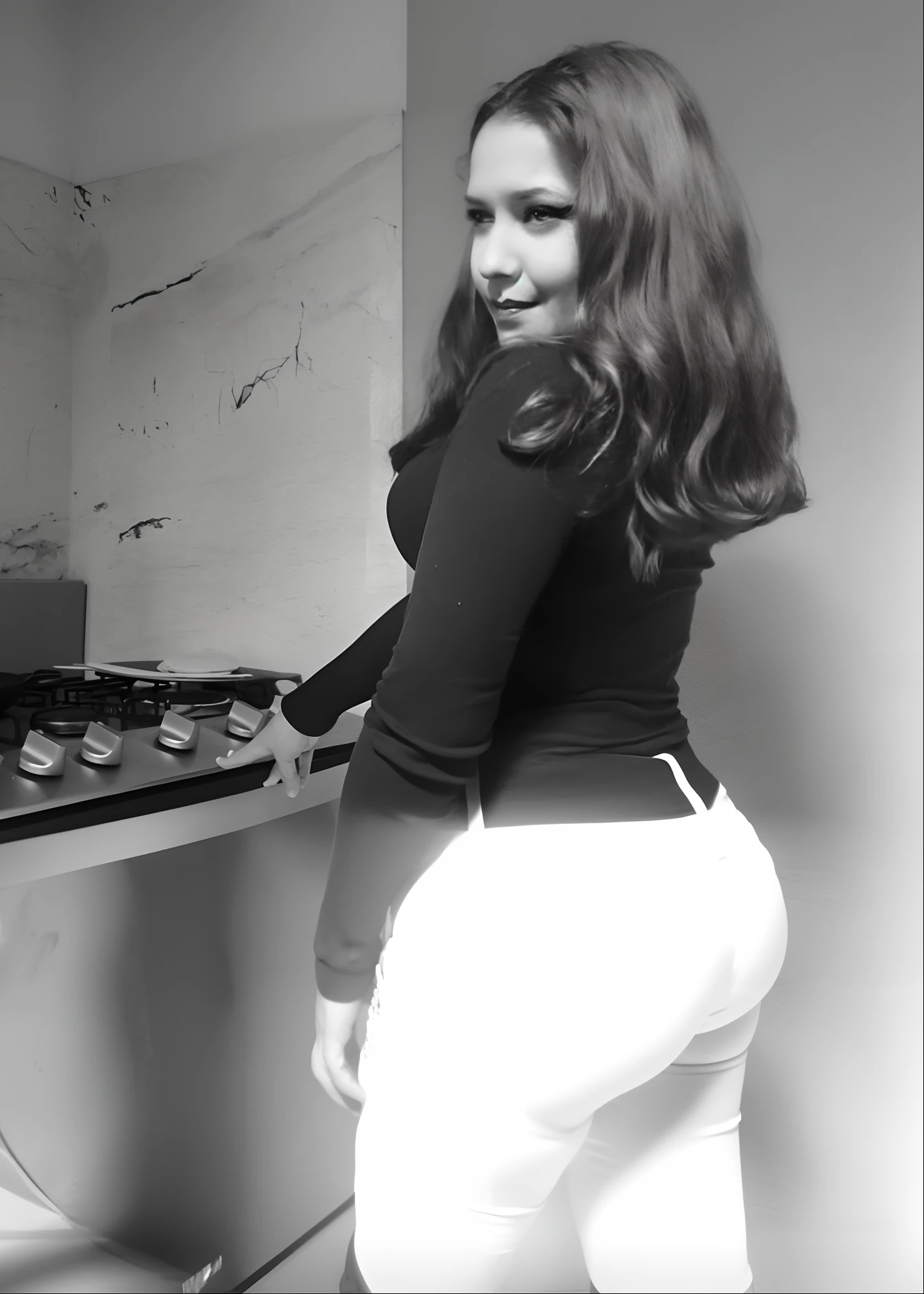 Mujer de Araffe en blanco y negro de pie frente a un mostrador, espalda y blanco, Thigs gruesos, en blanco y negro, Pata, Grueso, en la cocina, view from back, blanco y negro, muslos gruesos, Thicc, picture from behind, photo from the back, hermosa hembra gruesa, Derriere bien formado, con un blanco largo