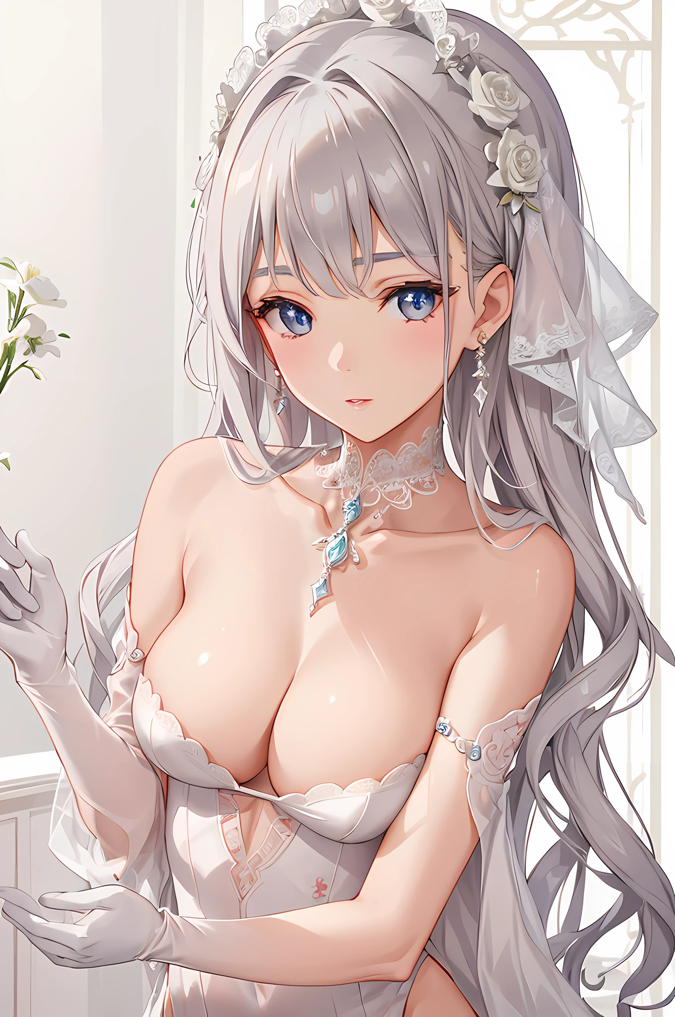 1girl, silber hair, huge tit, (epic poem), (elegent), ((detaileds)), ((top-quality)), ((masterpiece, side lights, Elaborate beautiful eyes: 1.2)), Extreme_detailed_wallpaper, highres, (( lace)), gloves, a choker, original, illustratio, The fine glow is beautiful, masterwork*portlate, Three-dimensional face, Lustrous skin, The upper part of the body, kanzashi, (without nose), realisitic, Perfect Face,