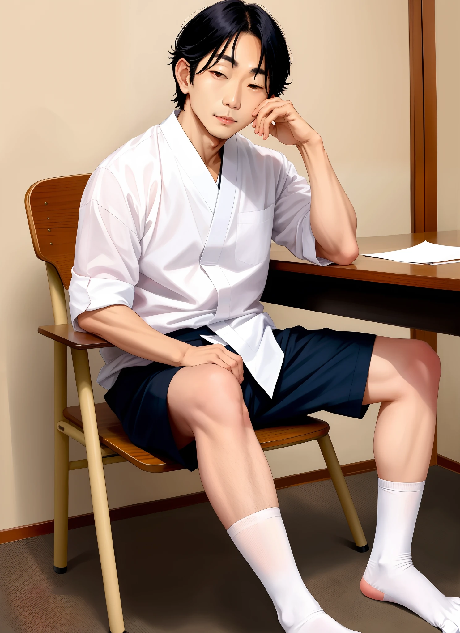 Gojo satoru rest his black socked feet on desk