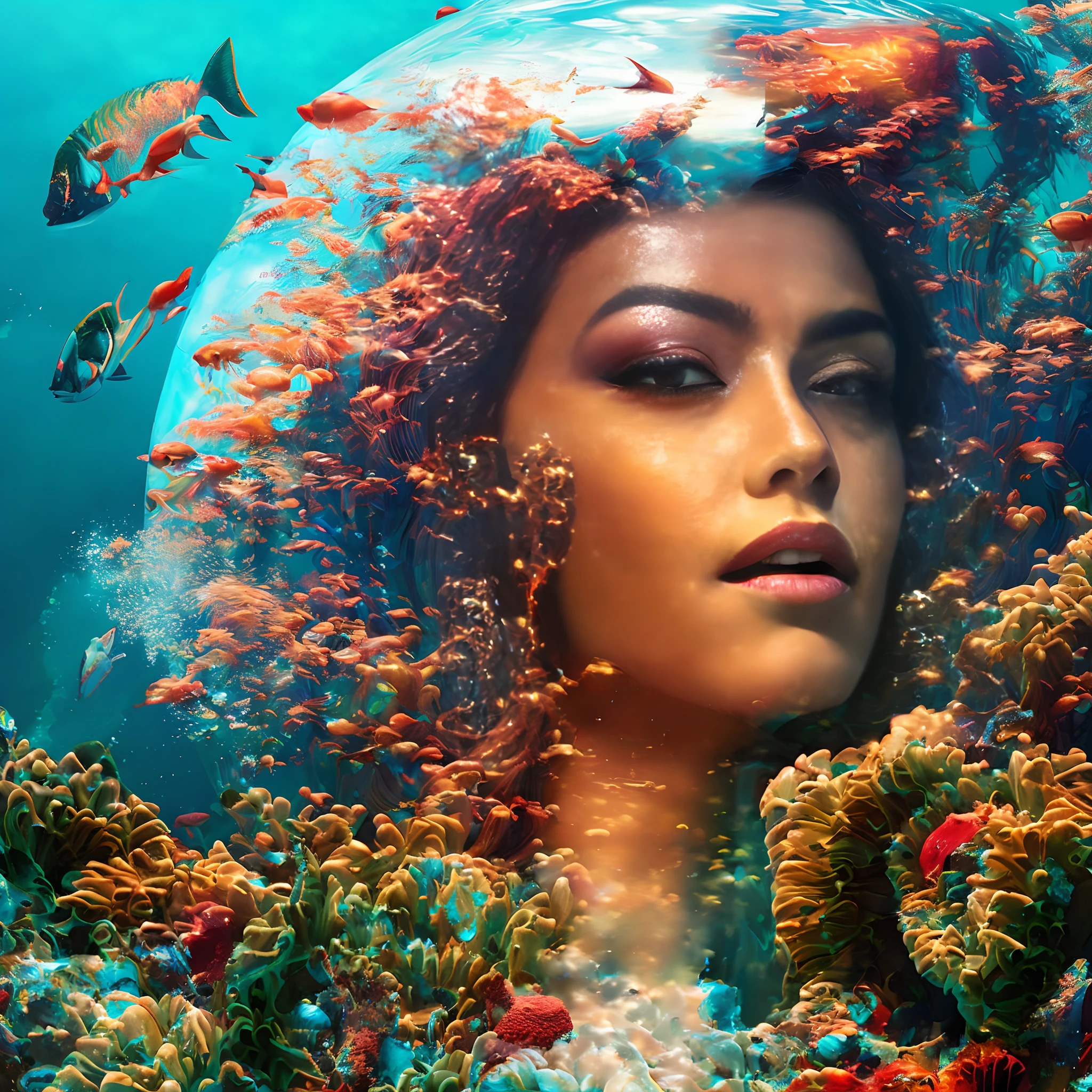 (Need)), ((tmasterpiece)), (A detailed), Transparent girl portrait close-up composes beautiful deep sea landscape,Translucent Queen of the Sea，The crown of the futuristic queen，Futuristic underwater translucent ice palace close-up,Colorful tropical fish, Beautiful coral reef in the background,(Doubleexposure：1.3,photography of：Brandon Woelfelmist，Surreal dreams，Surrealist art fantasy style，Epic digital fantasy art style,Beautiful sci-fi art, Science-fi digital art illustration, Digital cyberpunk art, science fiction digital painting, futuristic digital painting, futuristic concept art, Sci-fi deep-sea cyberpunk, Cyberpunk Atlantis in front of the landscape, science fiction digital art, Advanced digital cyberpunk art, dreamy cyberpunk girl,Art germ, Broken glass, ((bubbly underwater scenery)) ，Radiant light octane rendering,highly  detailed,