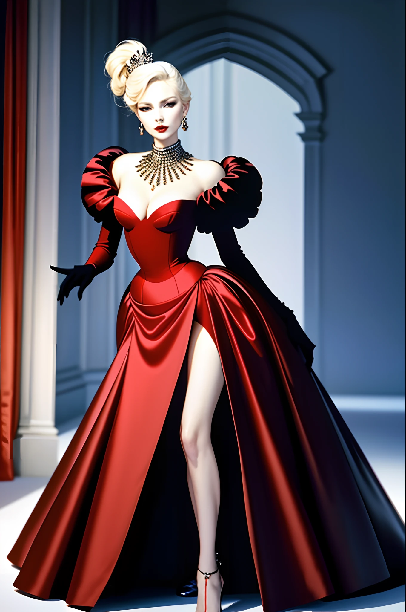 ((Masterpiece, Best quality,Edge quality)),face expressionless,Slim body,High percentage,(Baroque style,red colour,Plain dress,guard,Dignified and noble,Full body photo of girl standing,Photos of the catwalk from head to toe,High heels,CLASSICSTYLE,edgTM, a woman on the ((Court evening dress)) Stand on the catwalk ,Wearing edgTM_In fashion style, Pure white style,Rococo dress,Conservative style