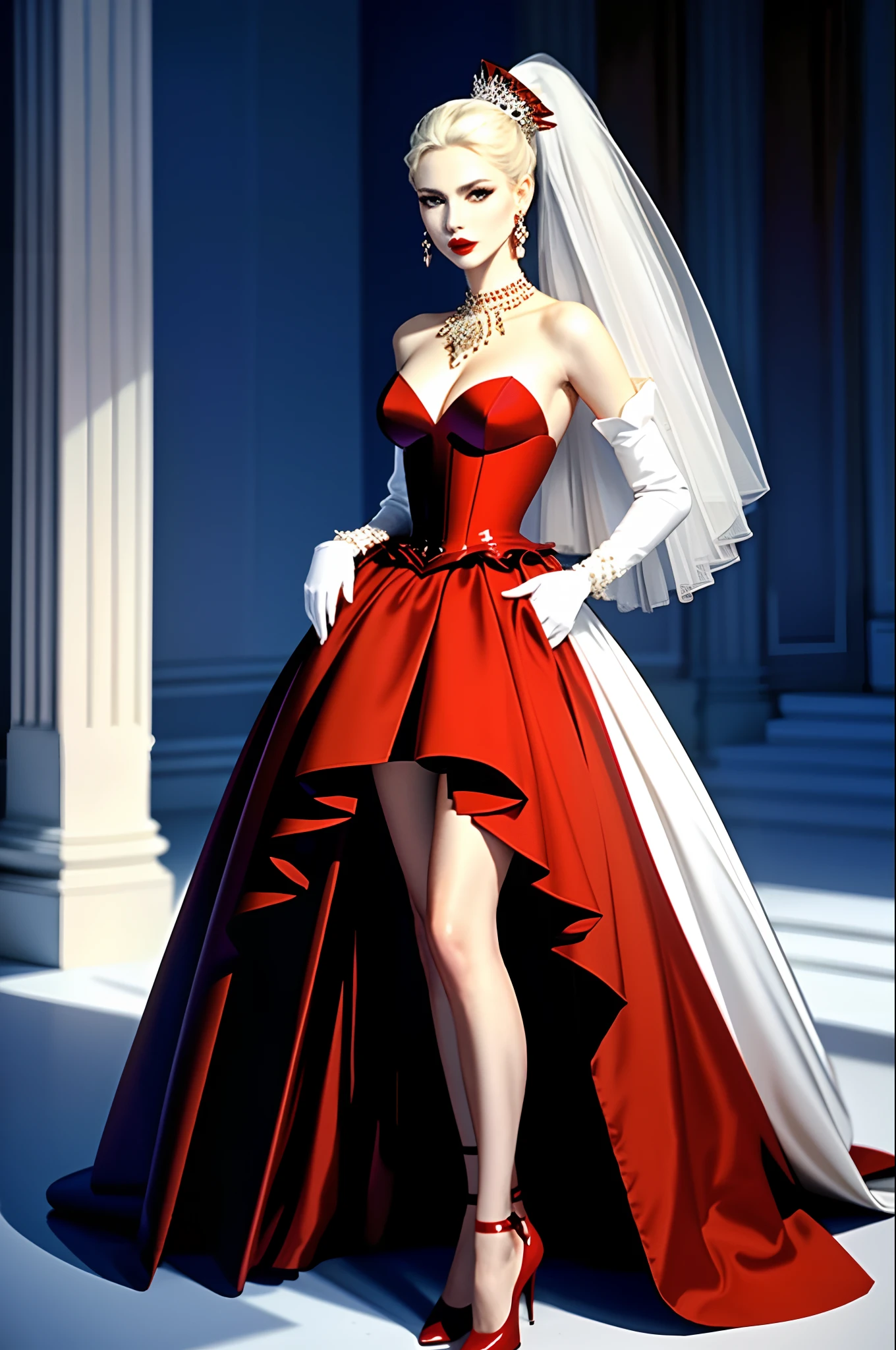 ((Masterpiece, Best quality,Edge quality)),face expressionless，Slim body，High percentage,(Baroque style，red colour，Plain dress，guard，Dignified and noble，Full body photo of girl standing,Photos of the catwalk from head to toe，High heels,CLASSICSTYLE，edgTM, a woman on the ((Court evening dress)) Stand on the catwalk ,Wearing edgTM_In fashion style, Pure white style，Rococo dress，Conservative style