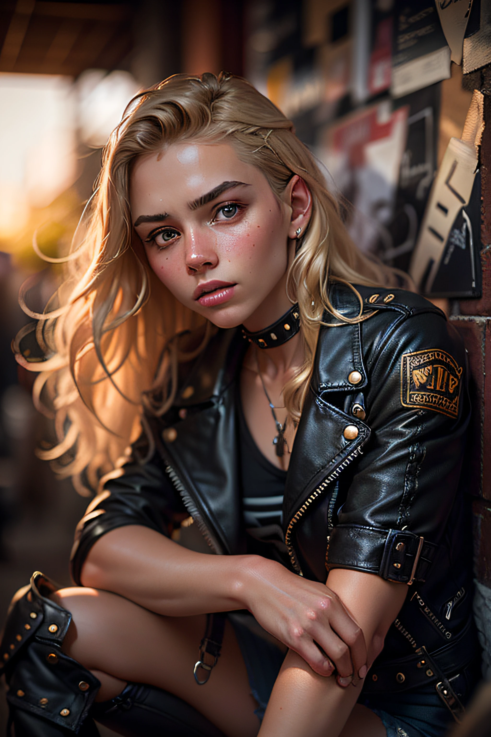 Portrait of a blonde girl. 20 years old, photograph, wearing studded collar, wearing leather shorts, wearing a black leather jacket, wearing boots, punch rivet belt, highly detailed face, depth of field, moody light, golden hour, style by Dan Winters, Russell James, Steve McCurry, centered, extremely detailed, Nikon D850, award winning photography