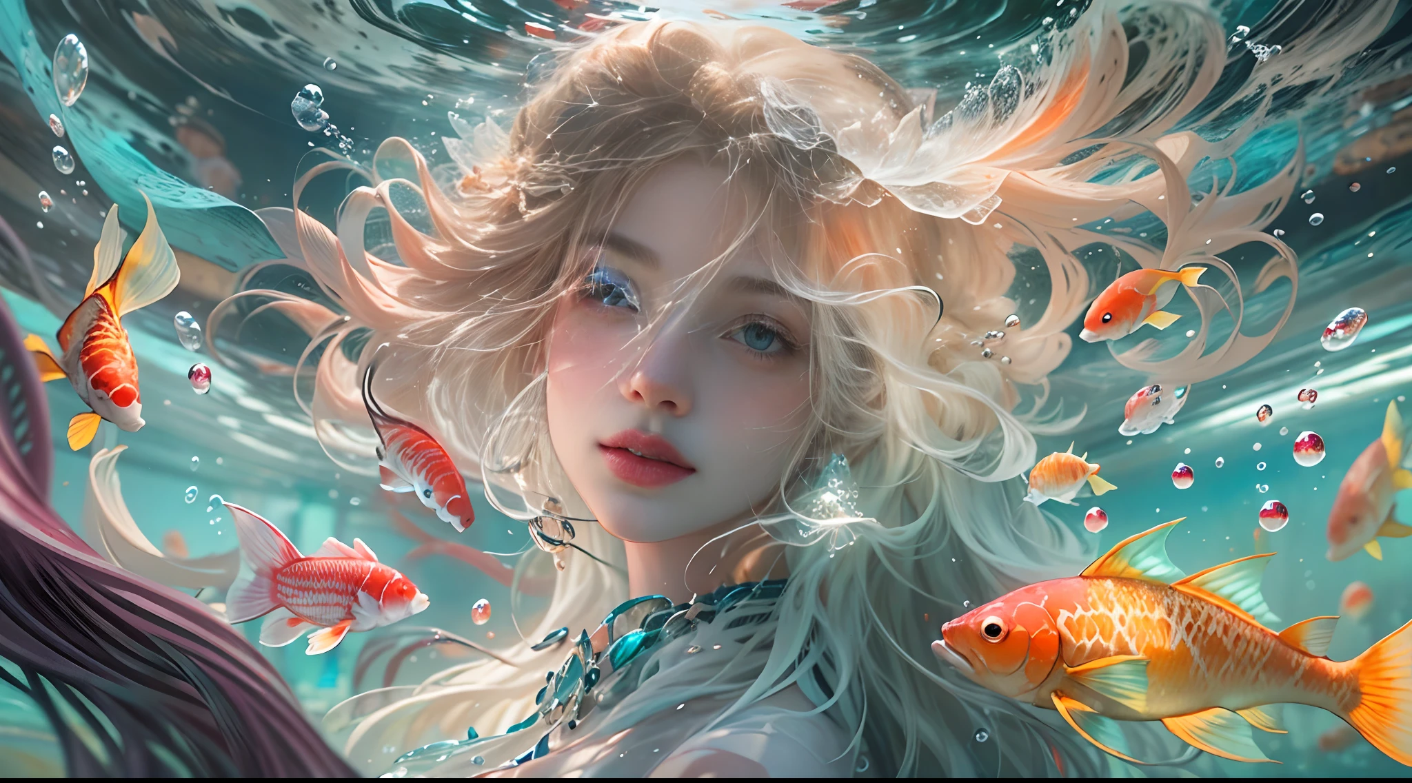 ModelShoot style, (Extremely detailed Cg Unity 8K wallpaper), 1 queen avatar，diadems，curlies，Long hair flowing in the water，Long curly hair fluttering in the water,A chaotic storm of intricate liquid smoke in the head, Stylized beautiful full-length abstract portrait, wetted skin, Beautiful koi，Flocks of koi,carp，Futuristic underwater translucent ice palace close-up,Colorful tropical fish, Beautiful coral reef in the background，Undersea Kingdom，Igloo，Ice Sculpture Palace，Ice cube room，The palace of the Ice Queen，light  leaks，depth of fields，Amazing scenery，author：Petros Afshar, ross tran, tom whalen, Peter Mohrbacher, Art germ, Broken glass, ((bubbly underwater scenery)) Radiant light octane rendering is highly detailed